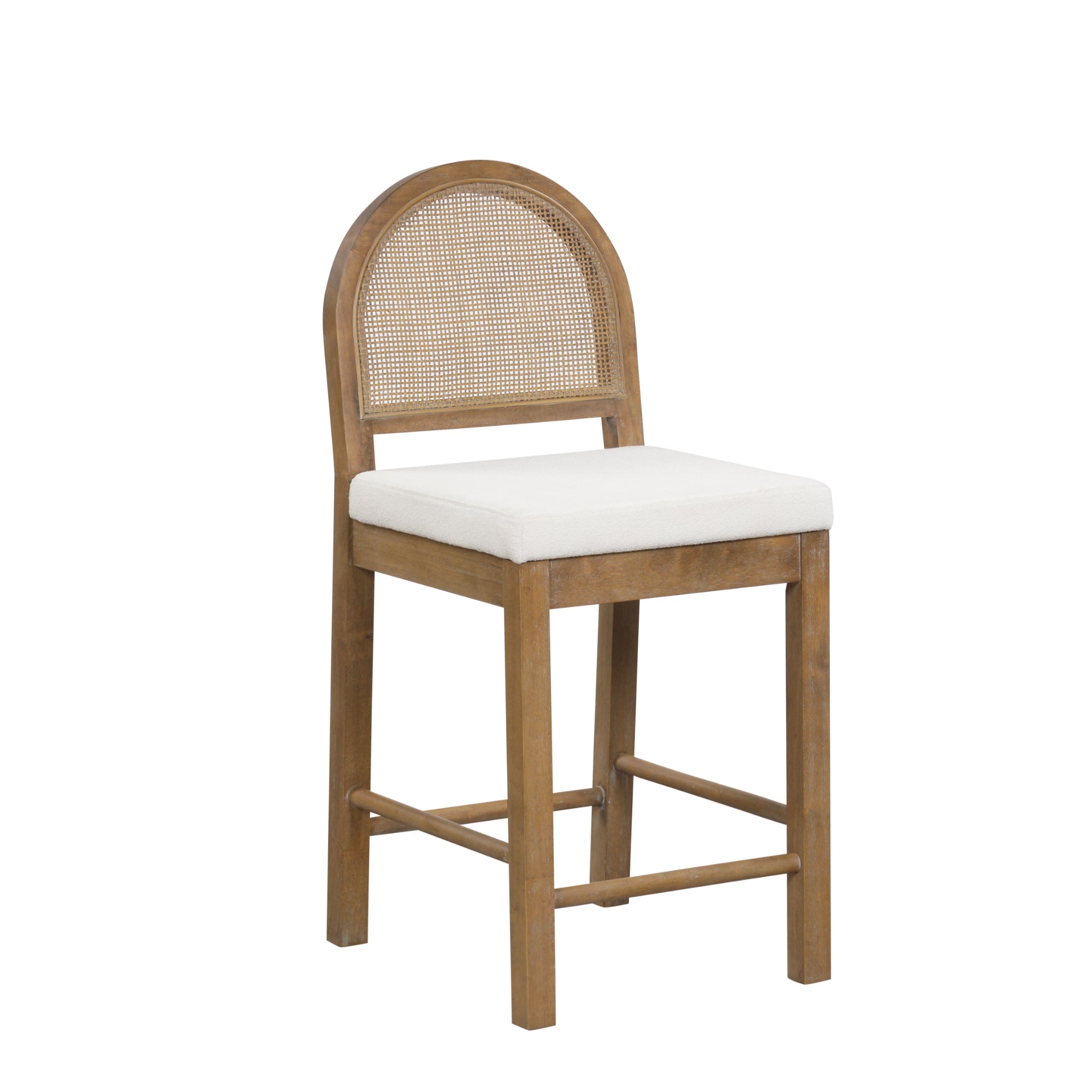 A wooden bar stool with a light brown finish, featuring a woven cane backrest and a cushioned white seat. The stool has four straight legs connected by supportive bars.