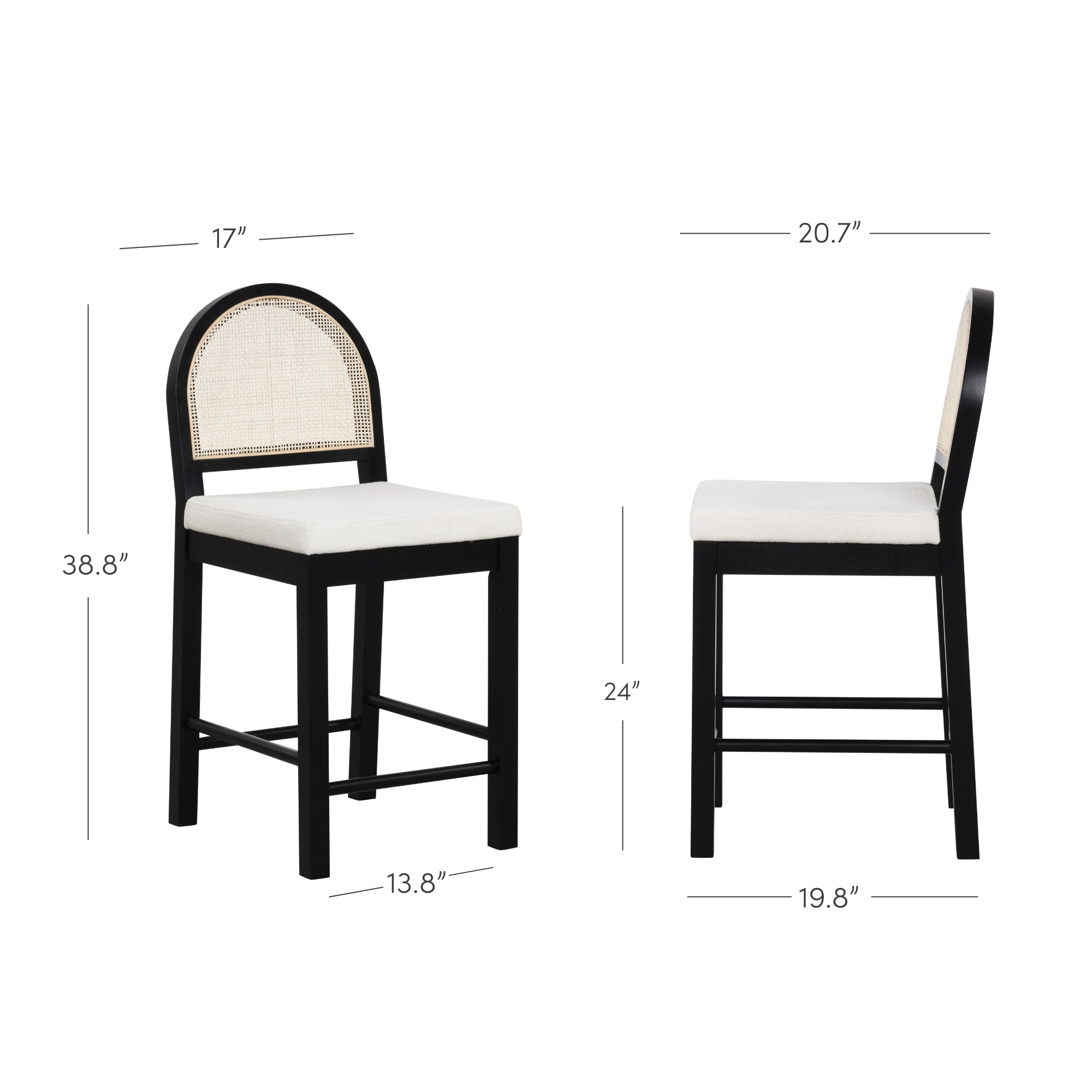 Two views of a modern bar stool with a black frame, woven curved backrest, and cushioned white seat. Dimensions are marked: height 38.8, seat height 24, width 17, depth 13.8 and 19.8, back width 20.7.