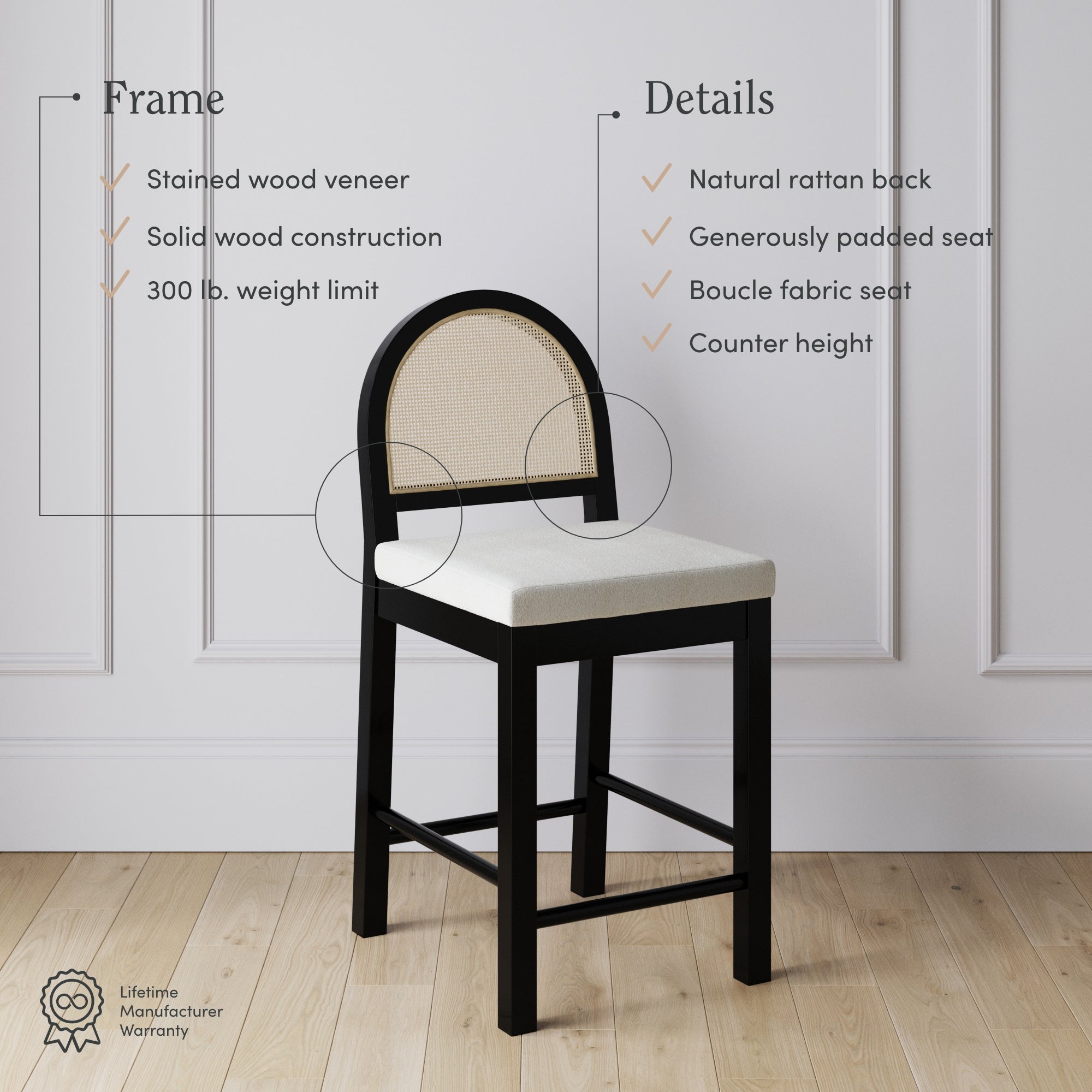 A counter-height chair with a black frame, padded light-colored boucle fabric seat, and a natural rattan backrest. Text highlights features like solid wood, a 300 lb. weight limit, and a lifetime warranty.