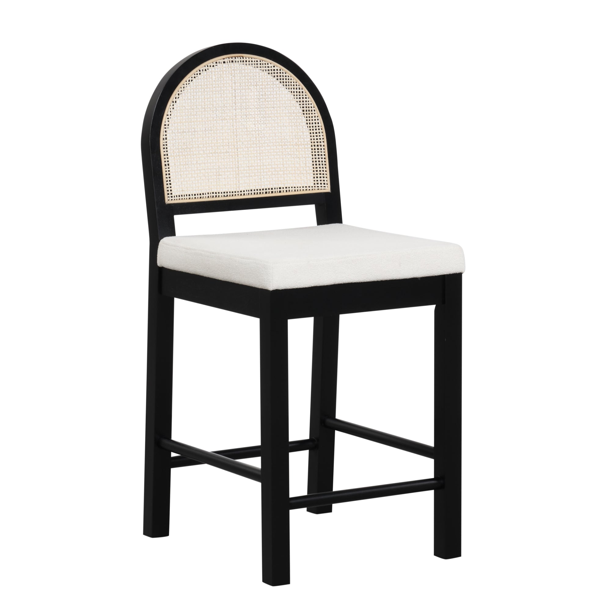 A black wooden barstool with a square white cushioned seat and a rounded backrest featuring a woven rattan panel. The stool has straight legs and a supporting footrest.
