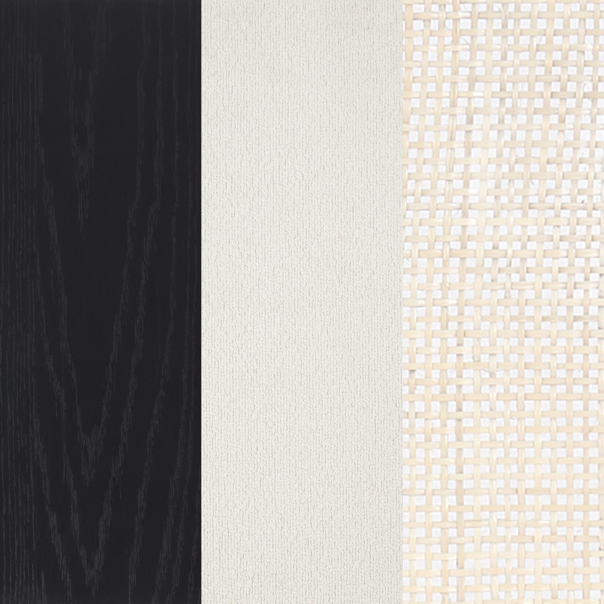 A vertical trio of textures: black wood grain on the left, smooth off-white fabric in the center, and a beige woven rattan pattern on the right.