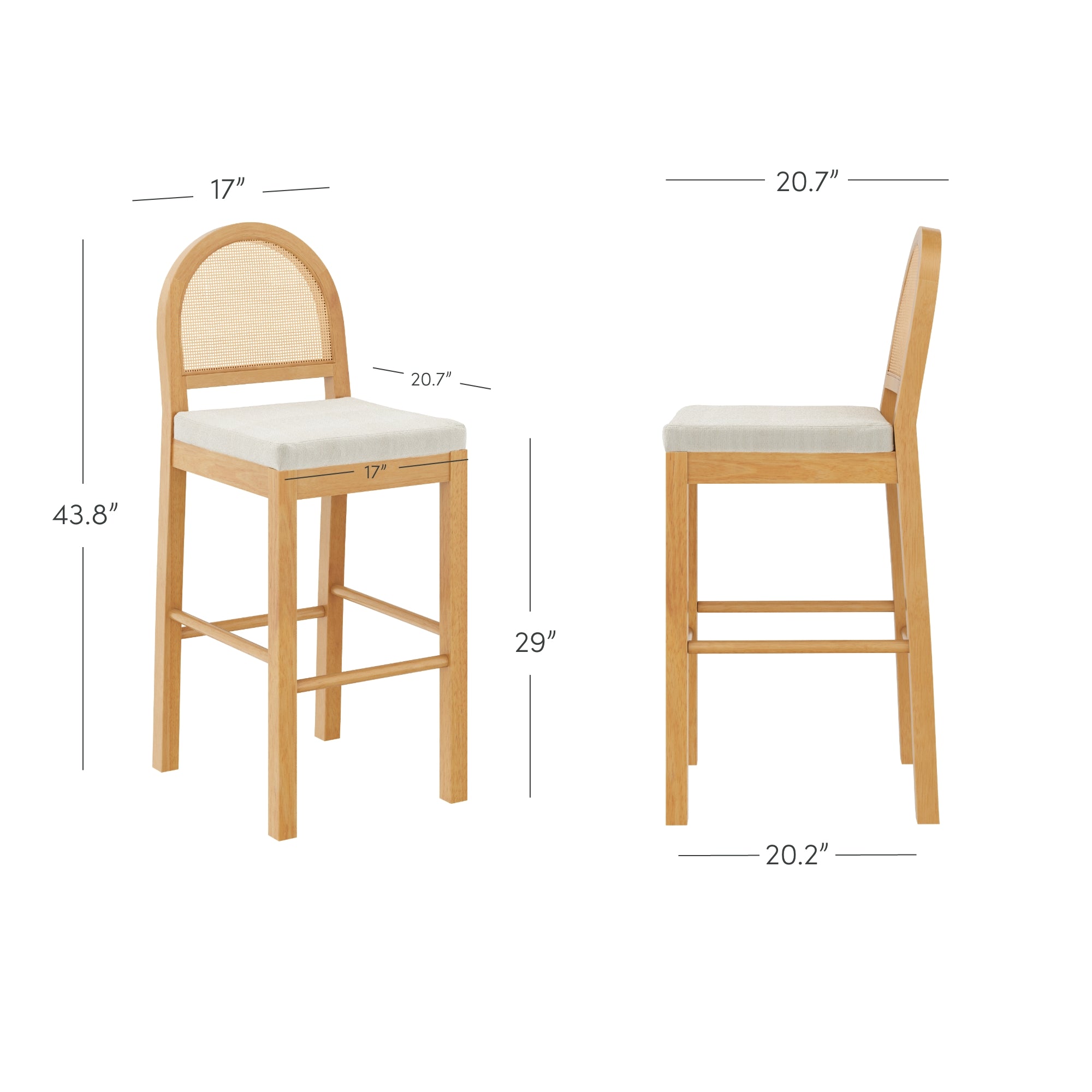 Two views of a wooden bar stool with a rounded backrest, beige cushioned seat, and footrest. Dimensions are labeled: height 43.8, seat height 29, seat width 17, seat depth 17, overall width 20.7, and depth 20.2.
