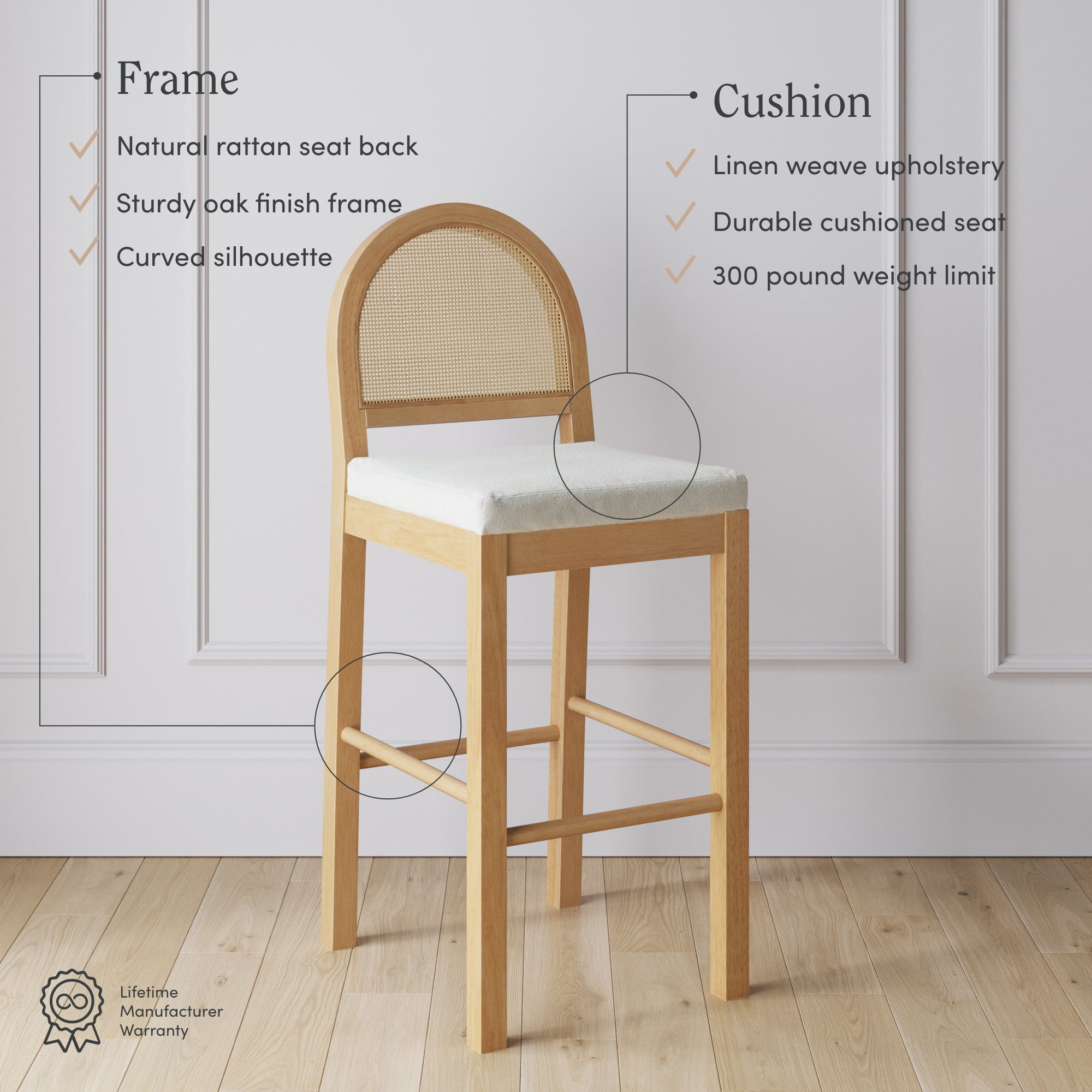 A wooden bar stool with a natural rattan seat back, white cushioned seat, and sturdy oak finish frame, is shown against a white paneled wall. Text highlights features of the frame and cushion.