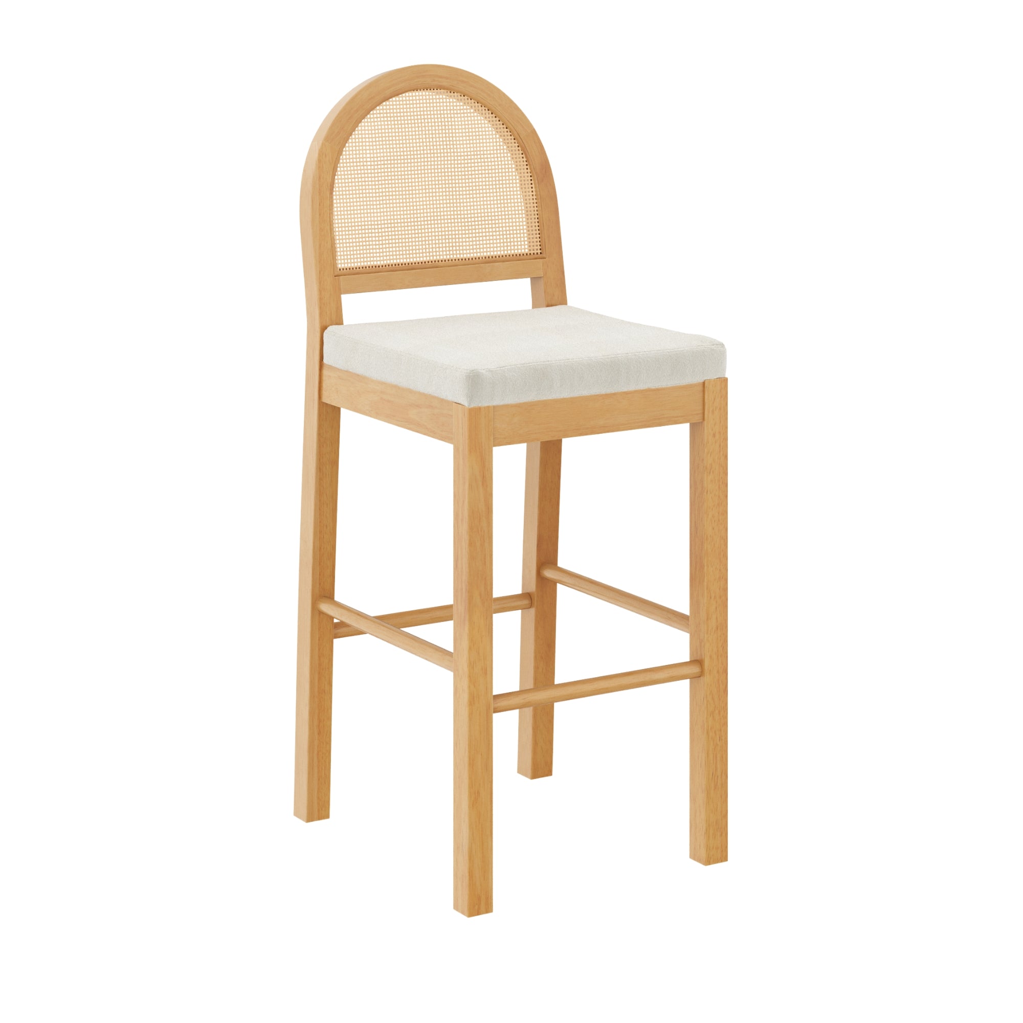 A wooden bar stool with a light-colored frame, an upholstered white seat cushion, and a rounded backrest with a woven cane design.