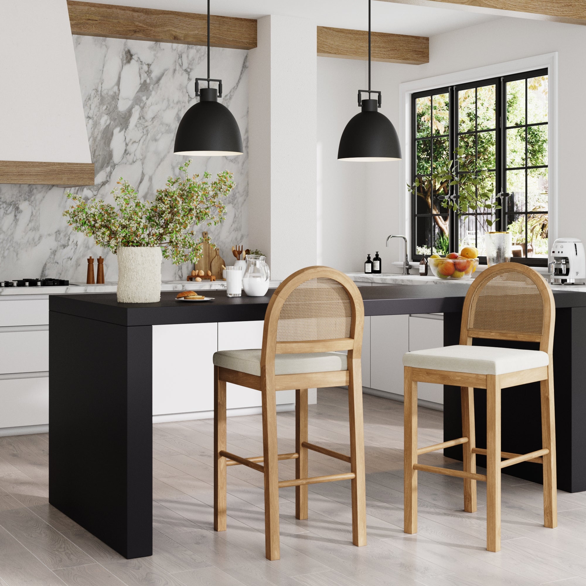 Modern kitchen with a black island, Nathan James Boucle Bar Stools Light Brown (Set of 2) at the counter, pendant lights, marble backsplash, potted plant, and a large window bringing in natural light.