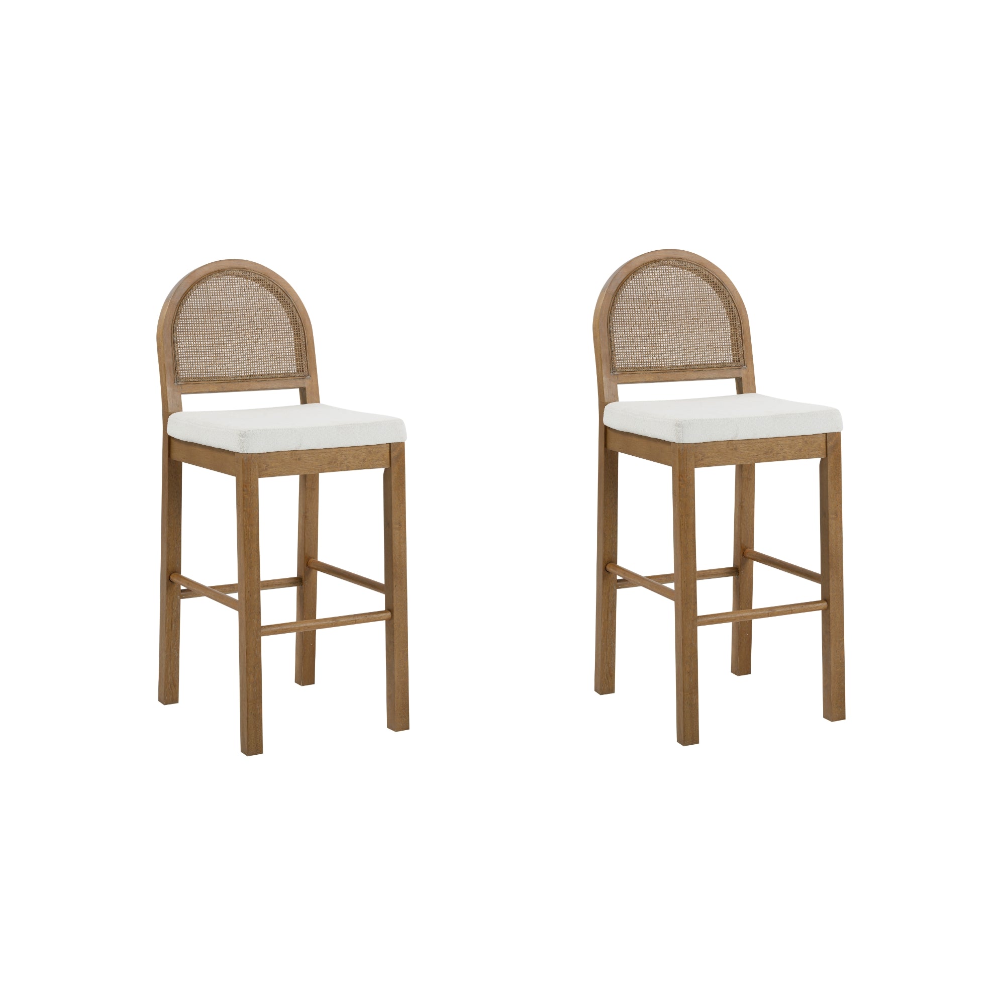 Two wooden barstools with curved, cane-style backs and light-colored upholstered seats, both shown against a plain white background.