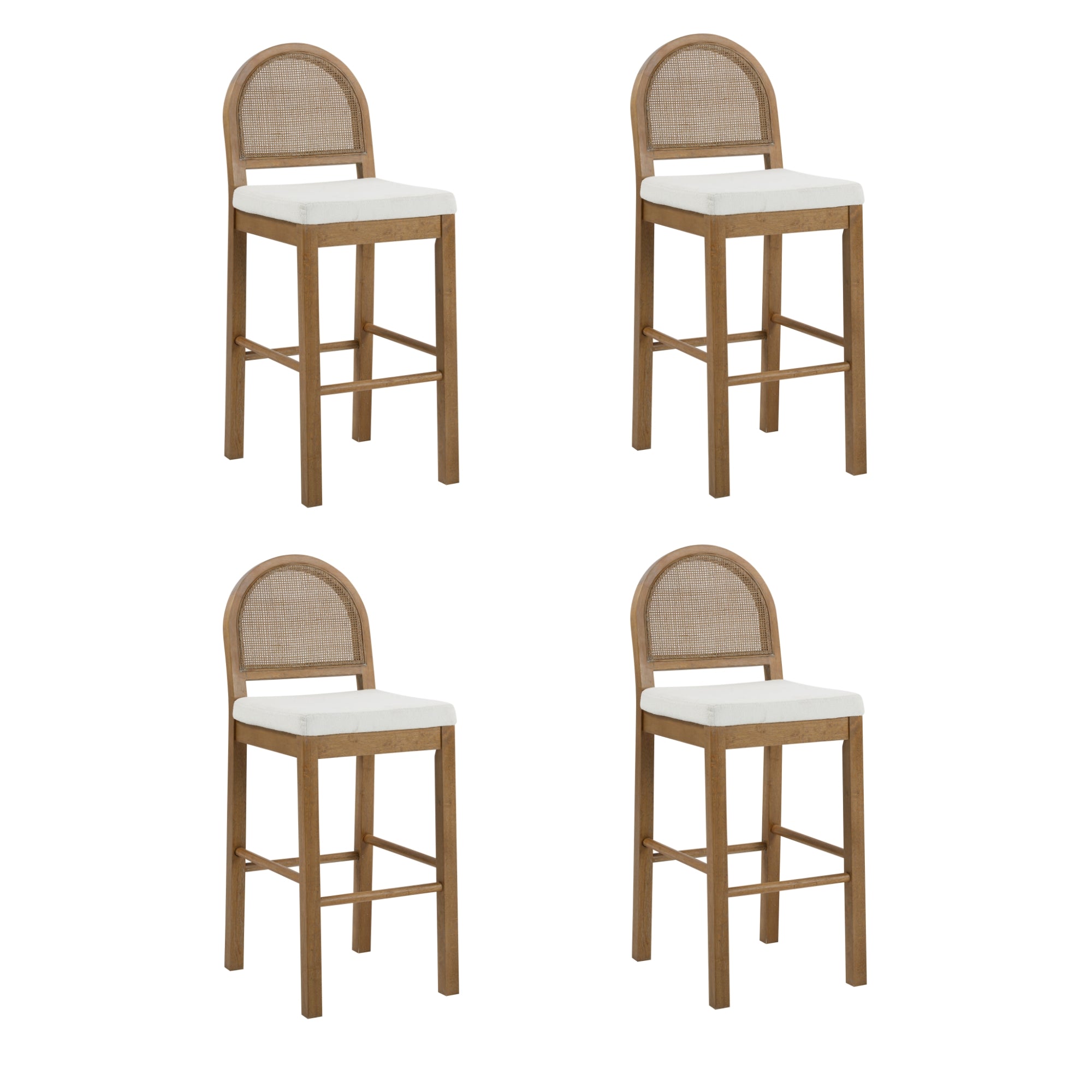 Four wooden bar stools with light-colored cushioned seats and arched backs, arranged in a 2x2 grid on a white background.