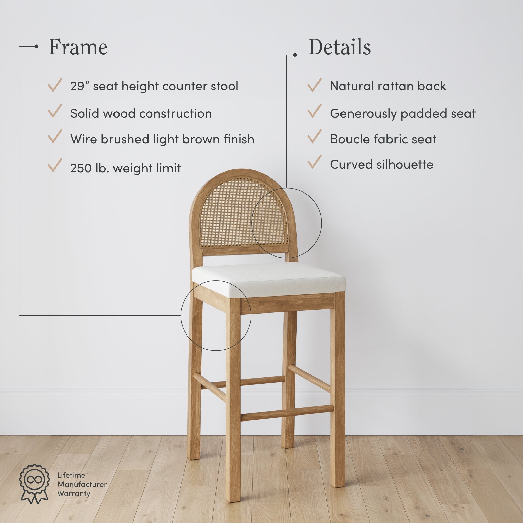 A wooden counter stool with a rattan backrest and padded seat stands on a light wood floor. Text lists features like solid wood, boucle fabric seat, 250 lb weight limit, and a 29 seat height. A warranty badge appears in the corner.