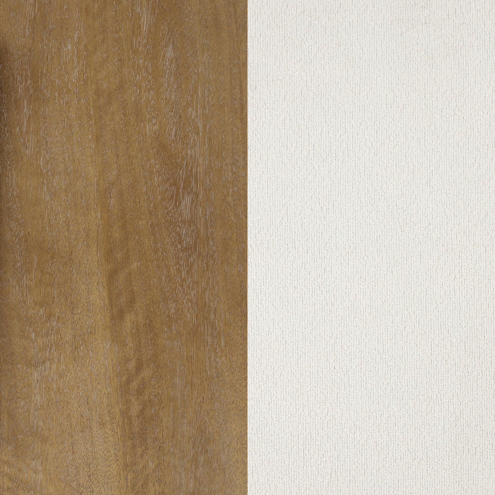 A vertical split image showing two textures: the left side has a natural brown wood grain, while the right side features a smooth, off-white surface with a subtle textured pattern.
