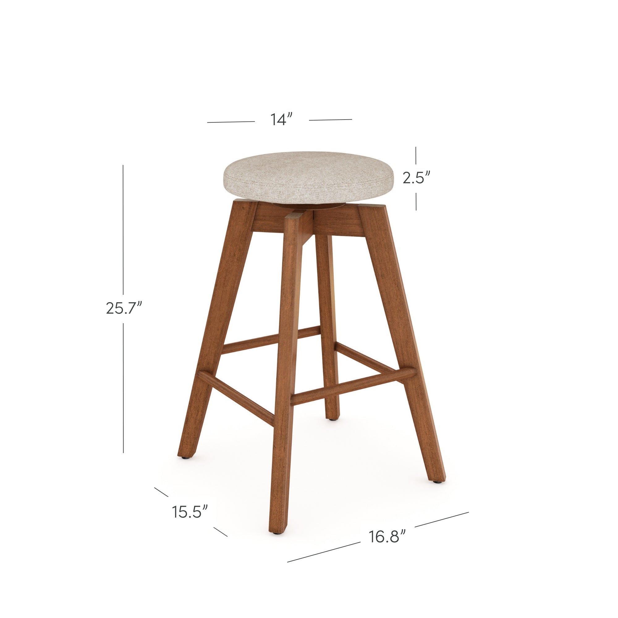 A wooden stool with a round, light-colored seat. Dimensions are labeled: seat diameter 14 inches, seat thickness 2.5 inches, height 25.7 inches, width 15.5 inches, and depth 16.8 inches.
