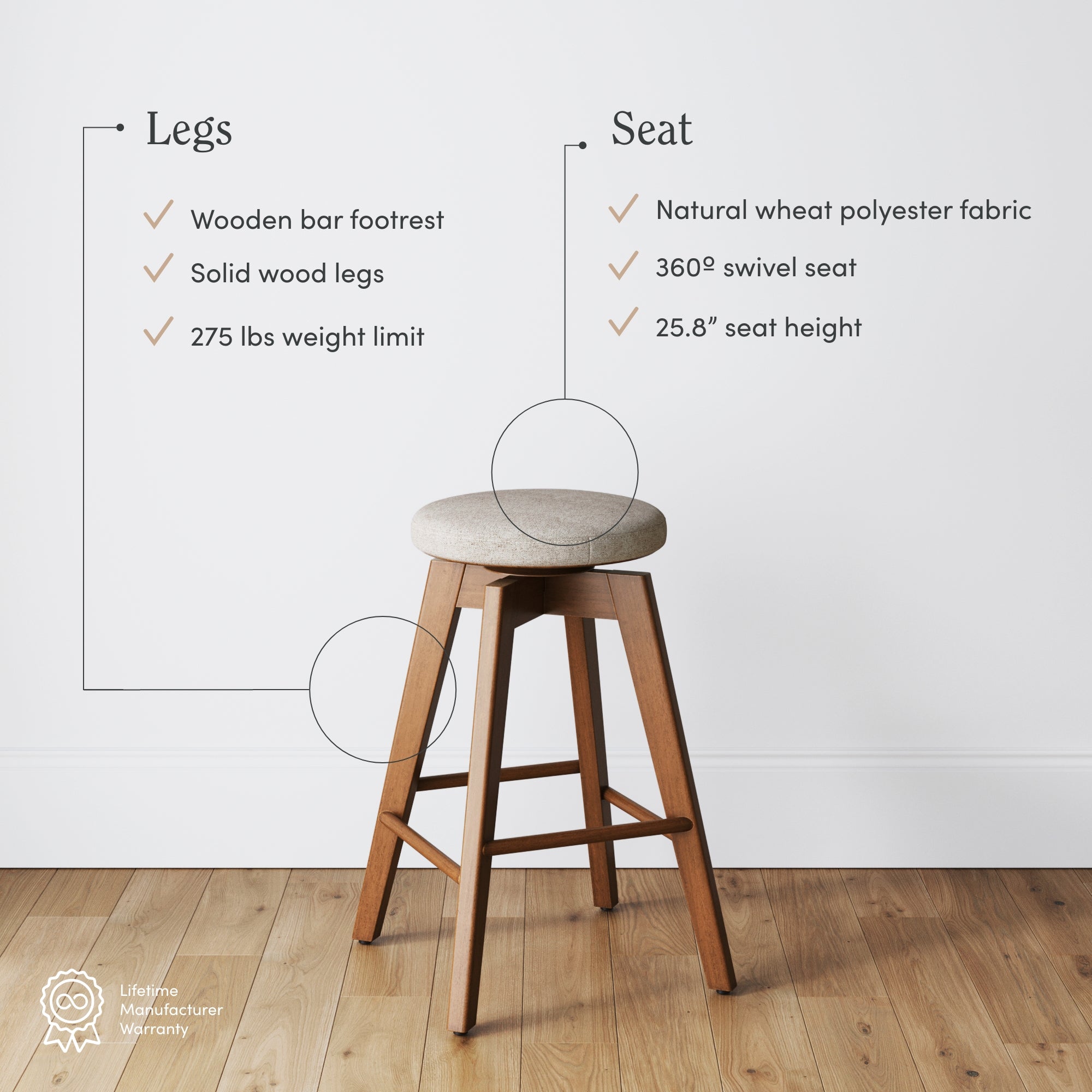 A wooden bar stool with a round, cushioned seat sits on a wood floor, with text detailing features: wooden bar footrest, solid wood legs, 275 lbs weight limit, polyester fabric seat, 360° swivel, and 25.8” seat height.