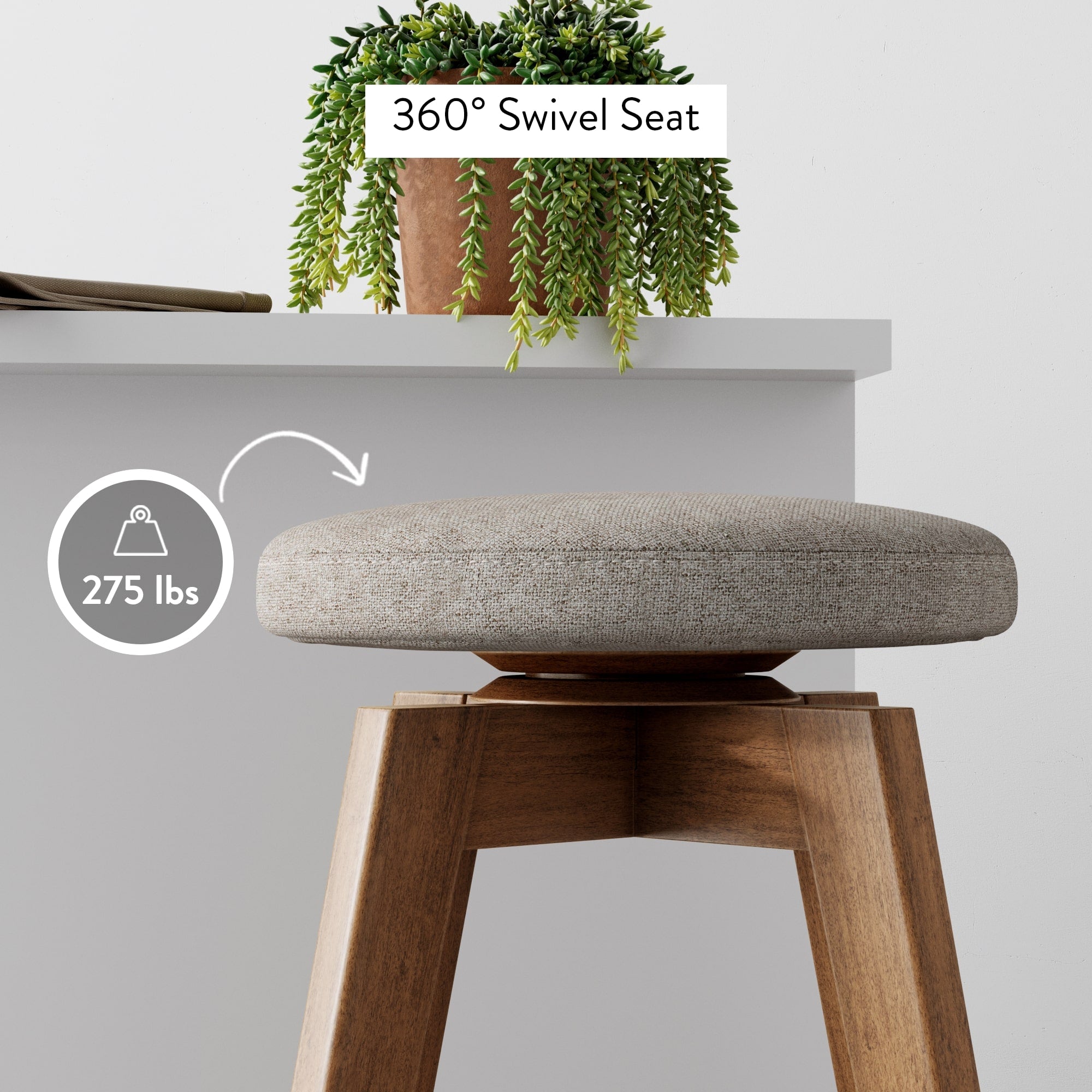 A wooden stool with a round, cushioned seat is shown. Text indicates the seat swivels 360 degrees and supports up to 275 lbs. A plant and a book sit on a white table in the background.