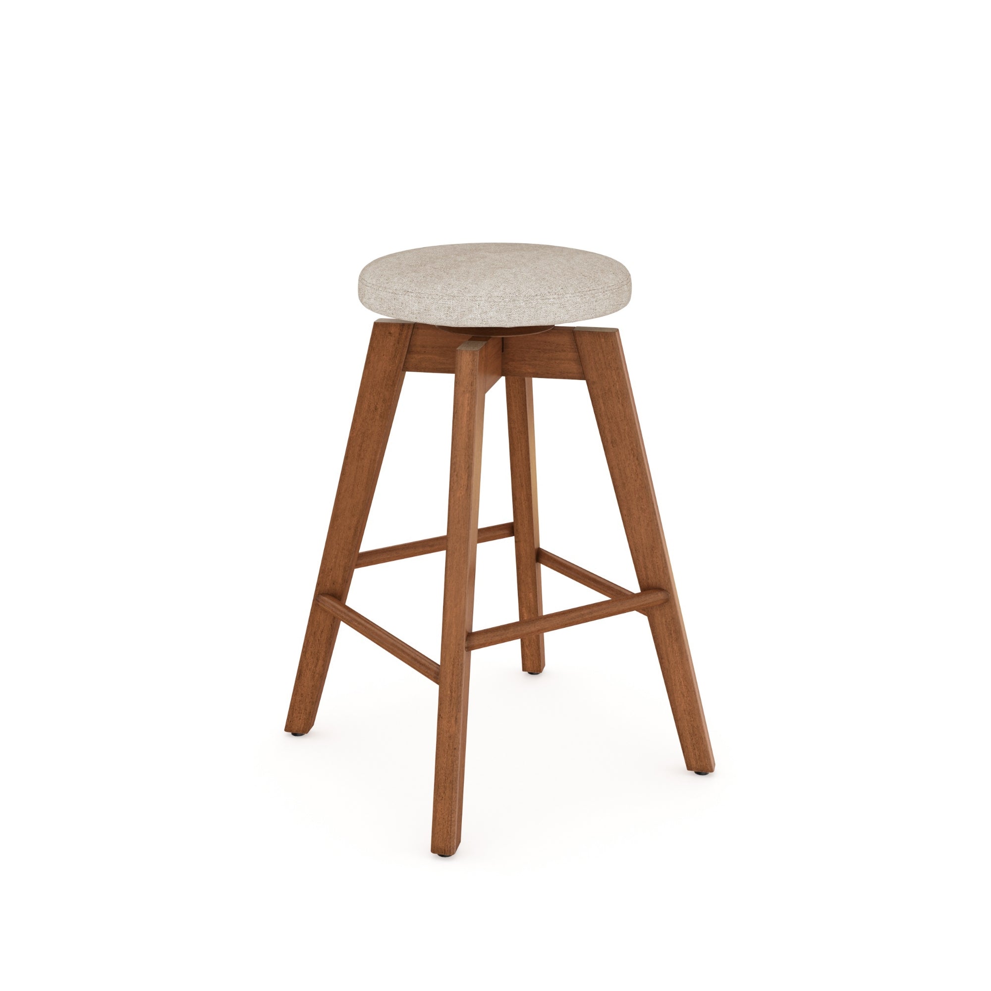 A wooden stool with four legs and a round, light-colored cushioned seat. The legs are connected by horizontal supports, and the design is simple and modern. The stool is set against a plain white background.