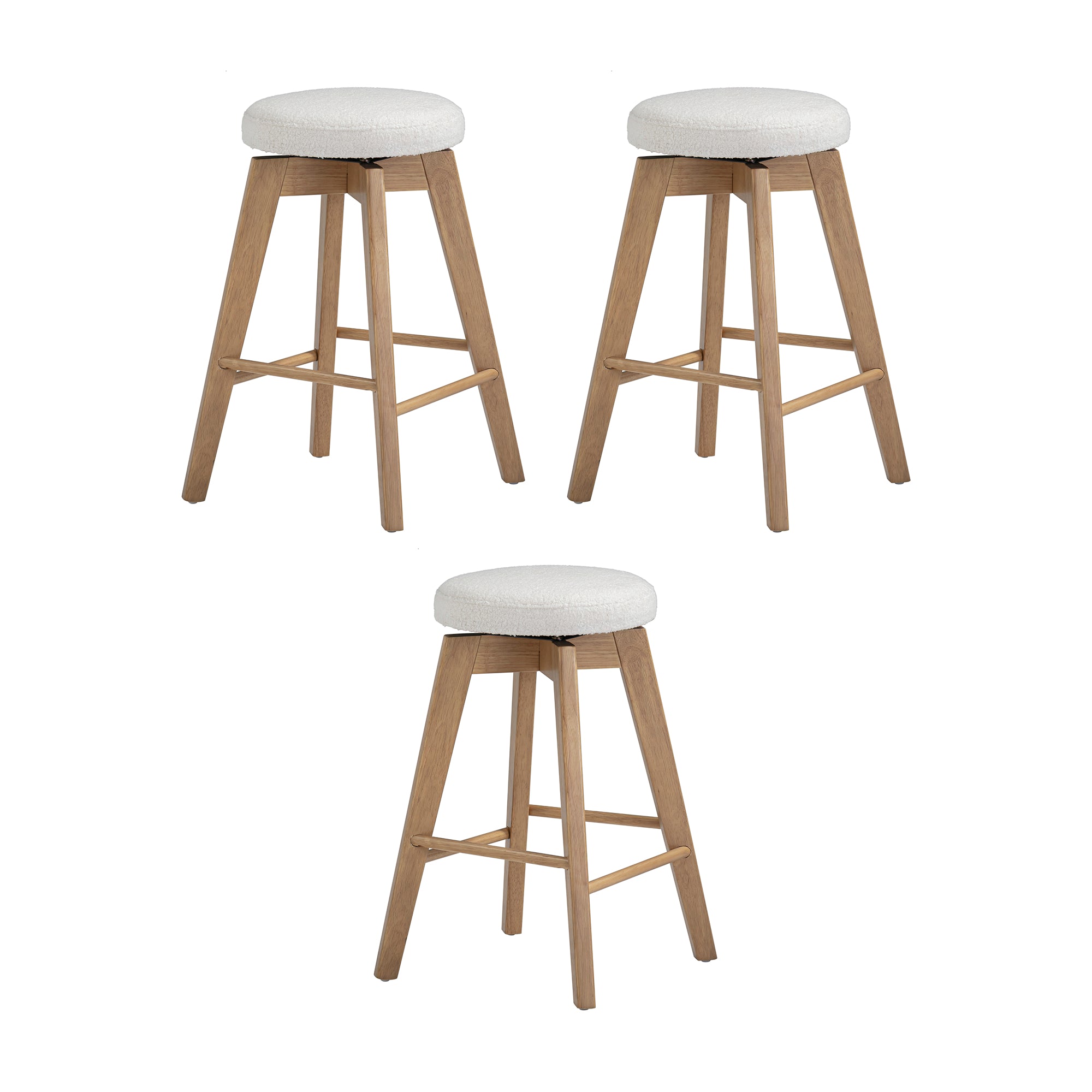 Three wooden stools with light-colored, round cushioned seats are arranged on a white background. Each stool has four angled legs connected by horizontal support bars.