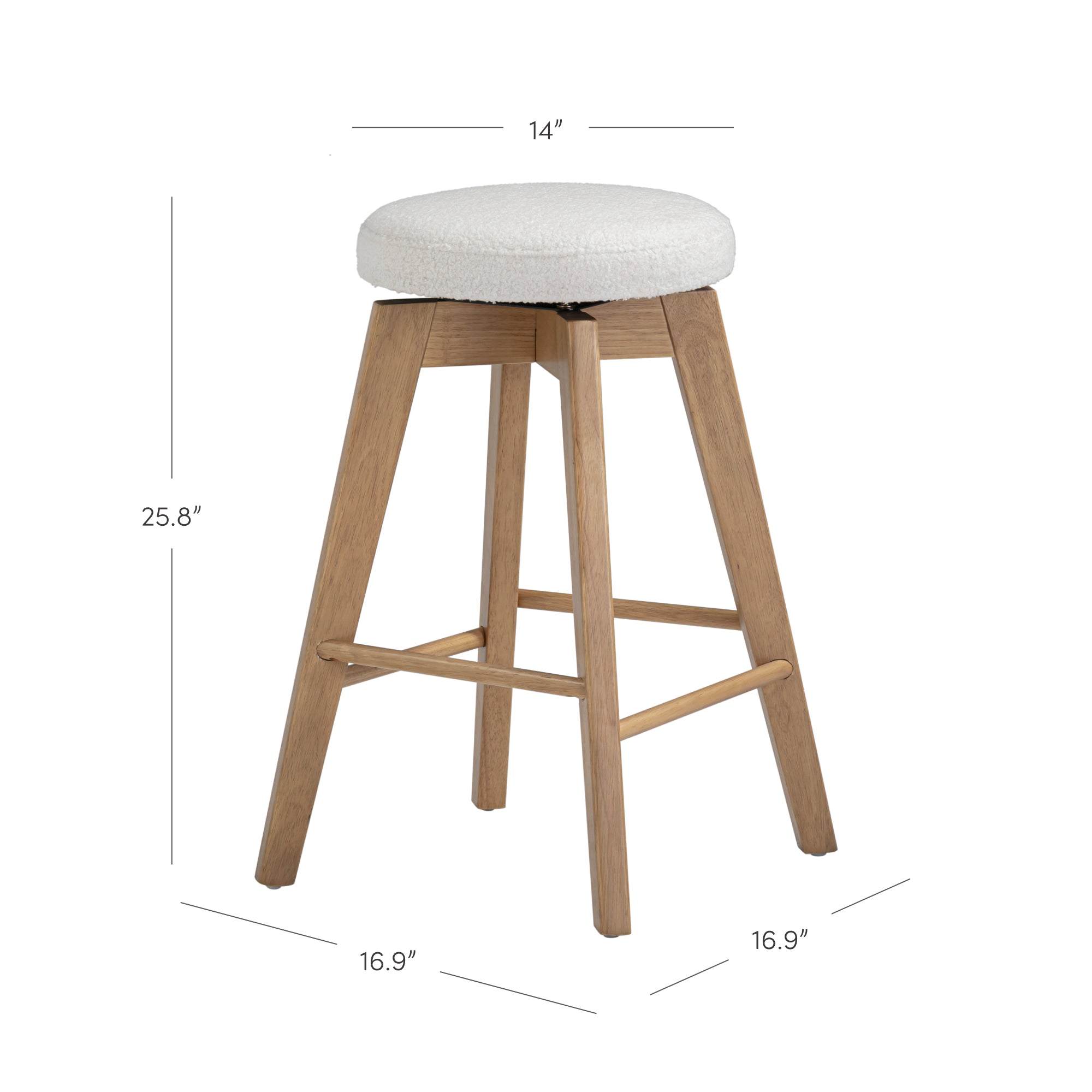 A wooden stool with a round, white cushioned seat and four angled legs, featuring footrests; dimensions are 25.8 tall, 14 seat diameter, and 16.9 between the legs at the base.