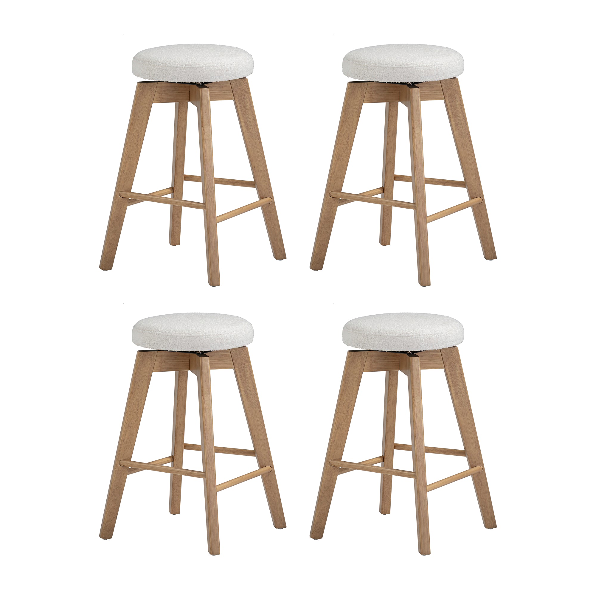 Four wooden bar stools with light-colored, round upholstered seats are arranged in a two-by-two grid on a white background.