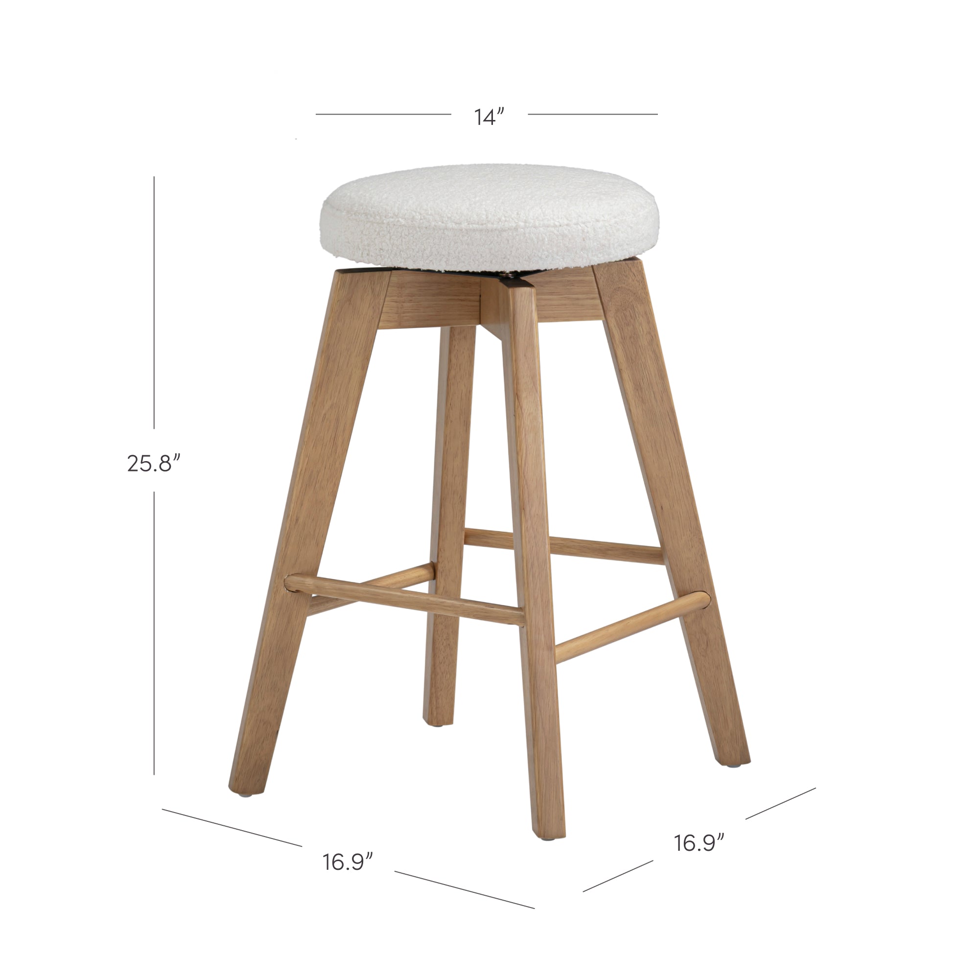 A wooden bar stool with four angled legs, a circular white cushioned seat, and horizontal support bars. Dimensions: seat height 25.8, width and depth 16.9, seat diameter 14. Measurements are labeled on the image.