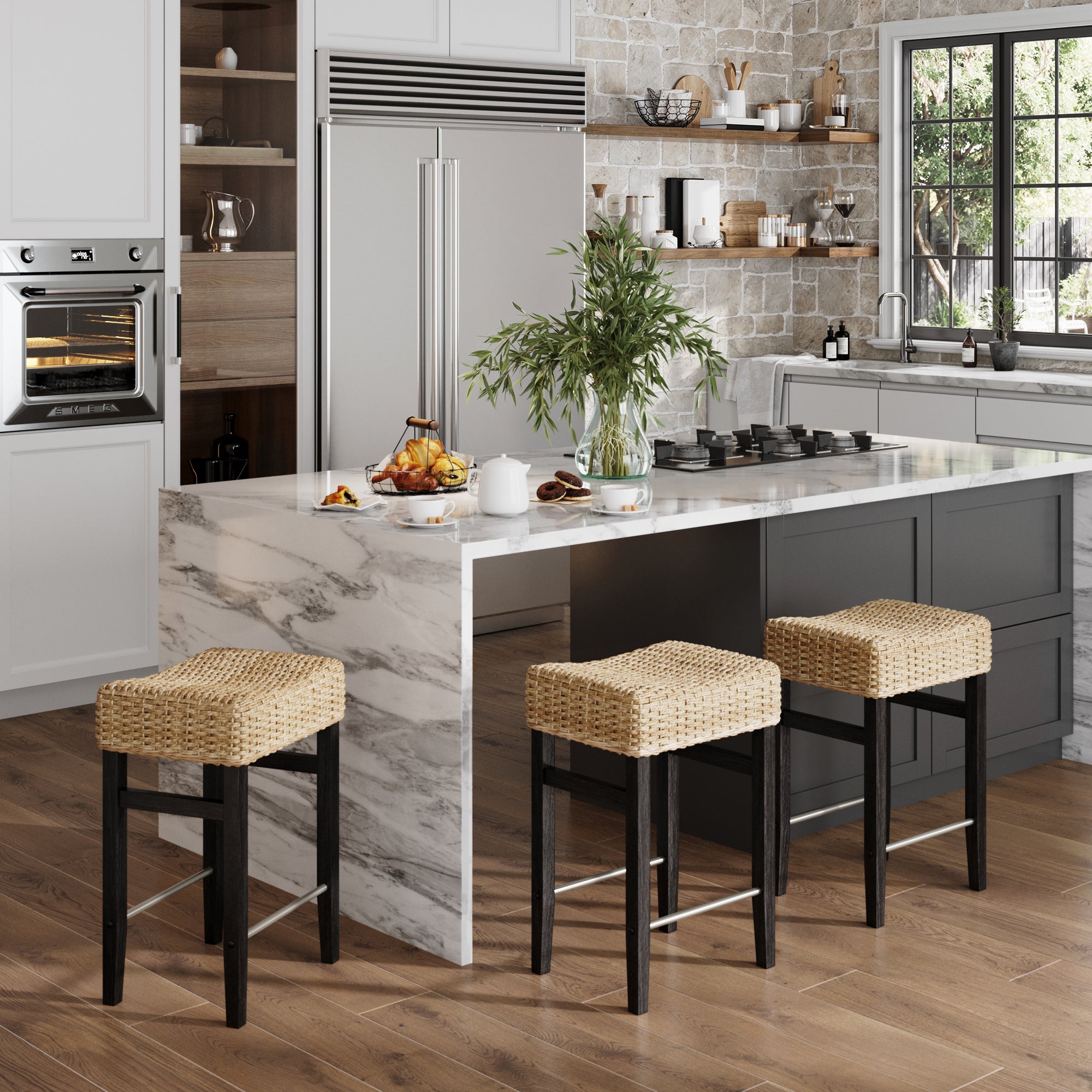 Modern kitchen with a marble island, three Nathan James Seagrass Counter Height Bar Stools in black, built-in appliances, open shelves with dishes, plants on the counter, and large windows letting in natural light.