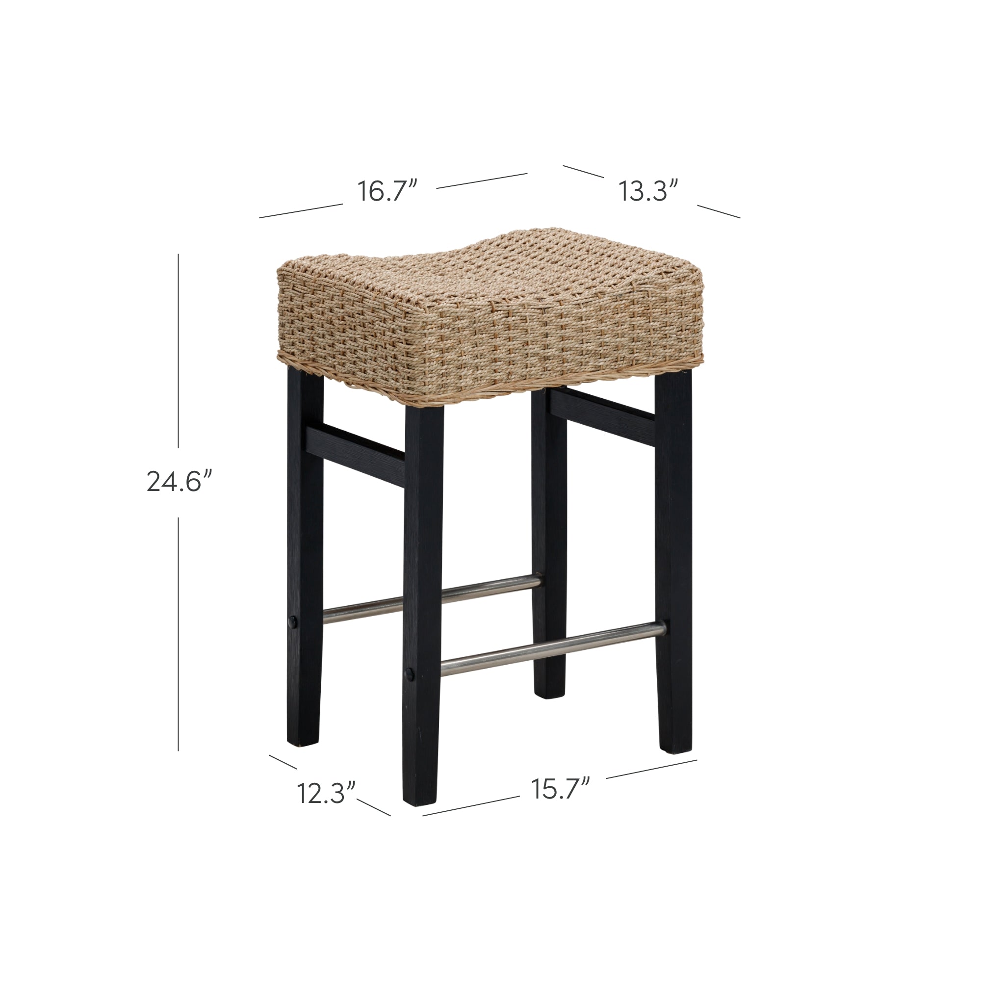 A backless counter stool with a woven rattan seat, black wooden legs, and a metal footrest. Dimensions are labeled: 24.6 tall, 16.7 wide, 13.3 deep seat, and 12.3 by 15.7 leg base.