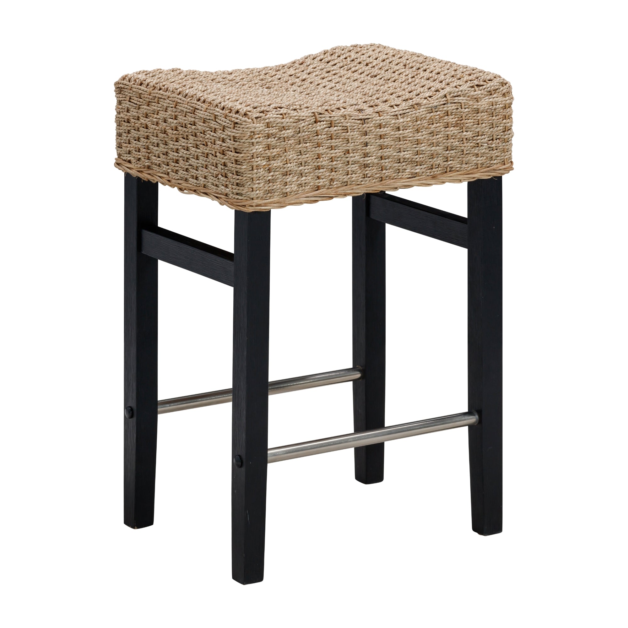 A rectangular bar stool with a woven, natural-colored rattan seat and black wooden legs. The stool features two metal footrests connecting the front and back legs.