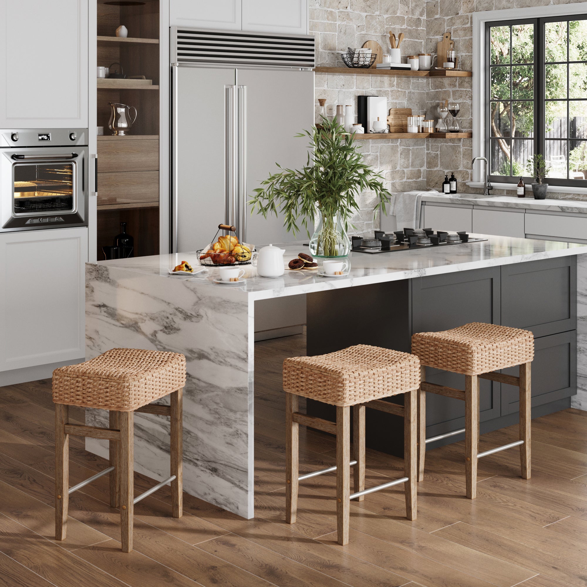 Harvey Rattan Counter Height Bar Stool Brown Set of 3 | Nathan James