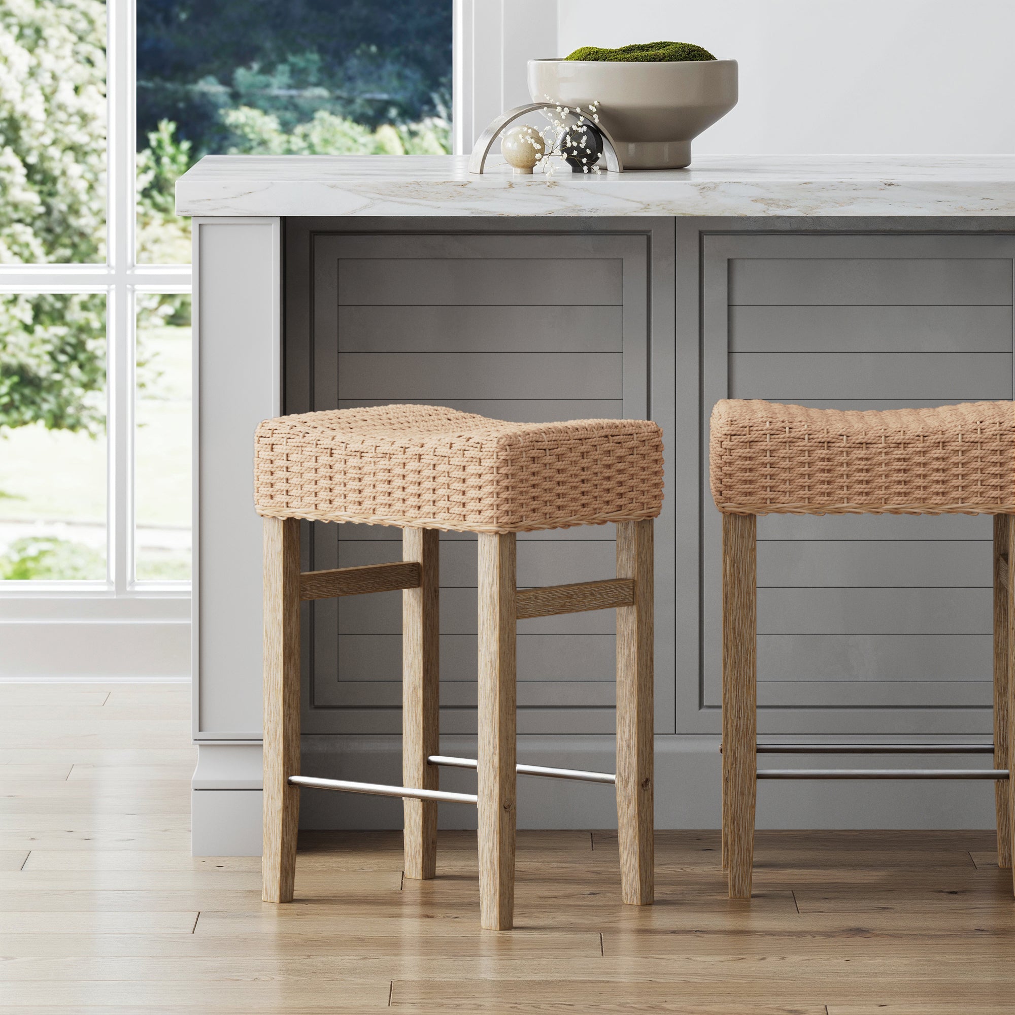 Harvey Rattan Counter Height Kitchen Bar Stool Brown | Nathan James
