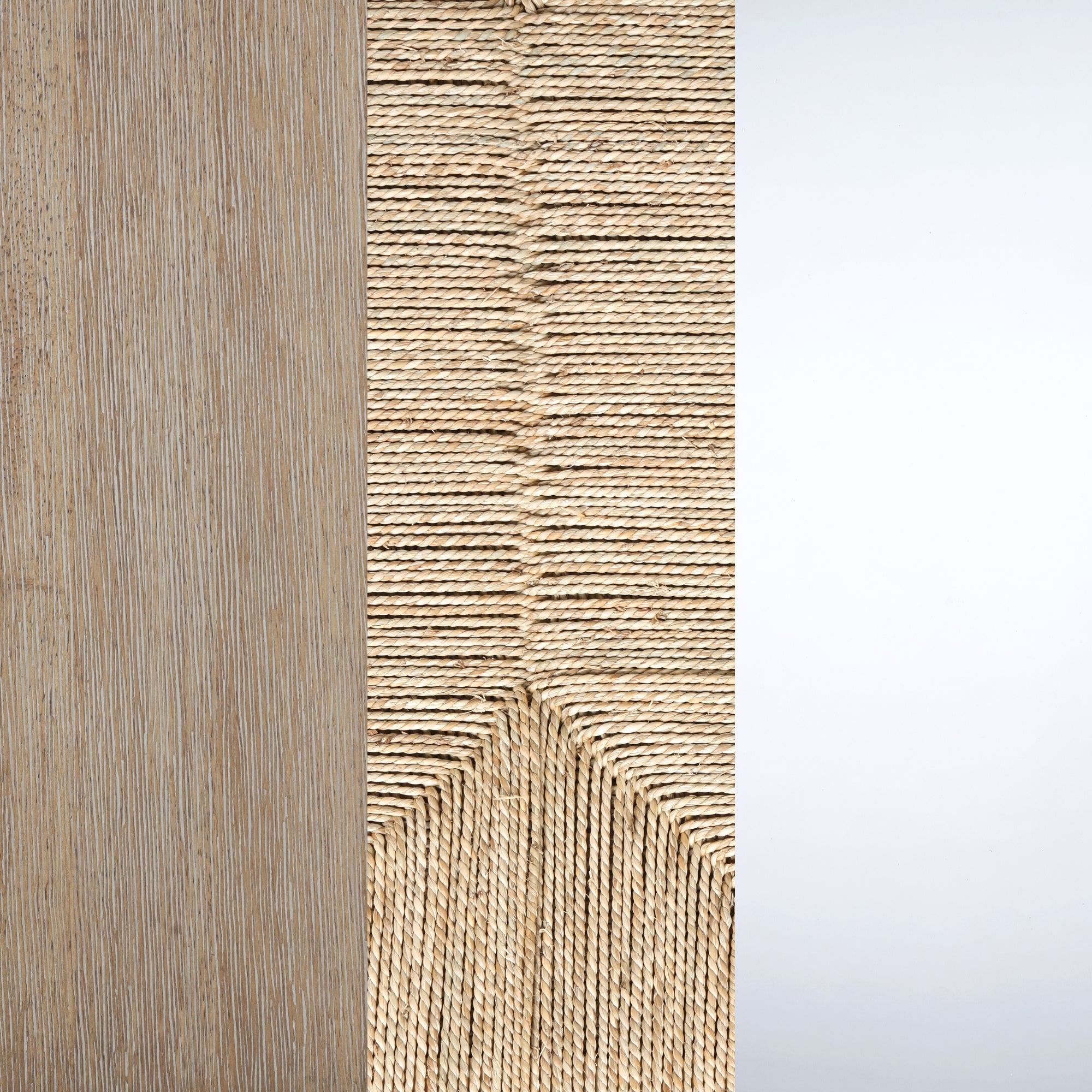 Three vertical panels: left panel with light wood grain, center panel with woven tan fibers in a chevron pattern, and right panel with a smooth, plain white surface.