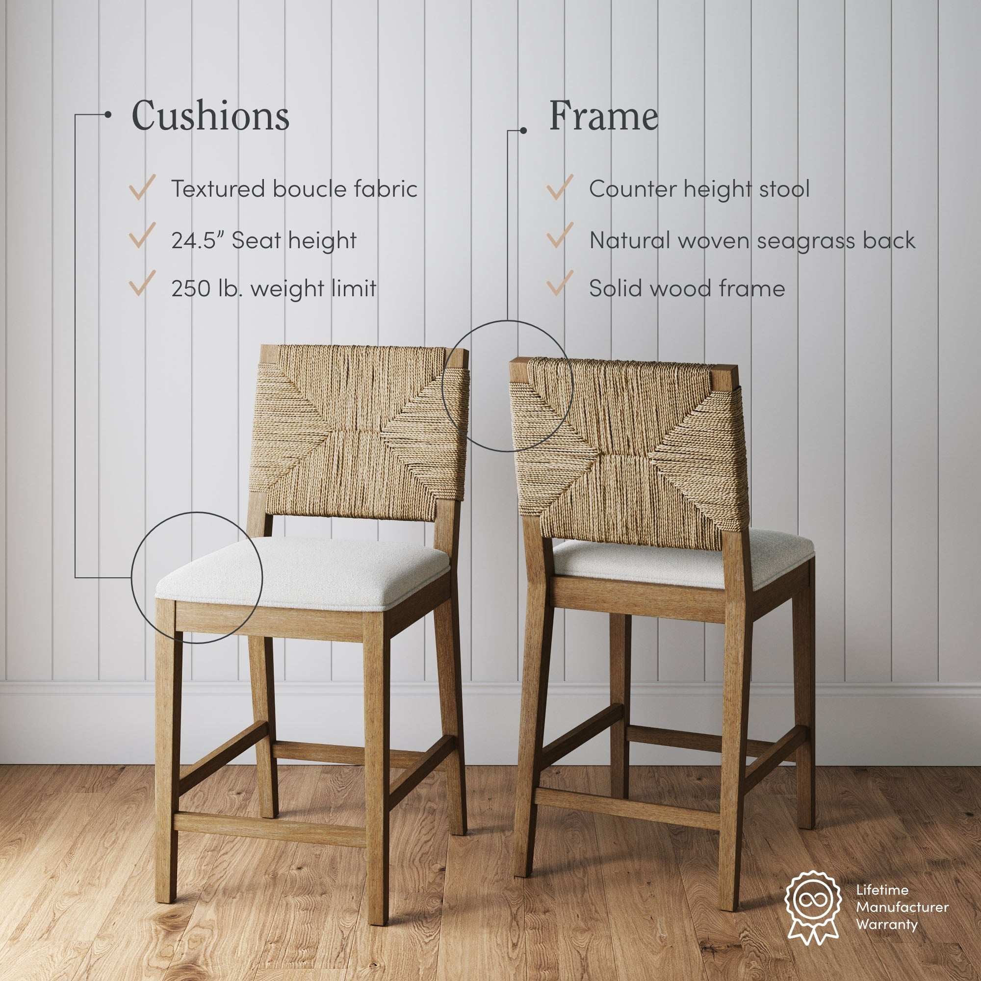 Two counter-height chairs with woven seagrass backs, wooden frames, and light-colored boucle fabric cushions are shown on a wood floor against a white paneled wall. Feature descriptions and a warranty icon are overlaid.