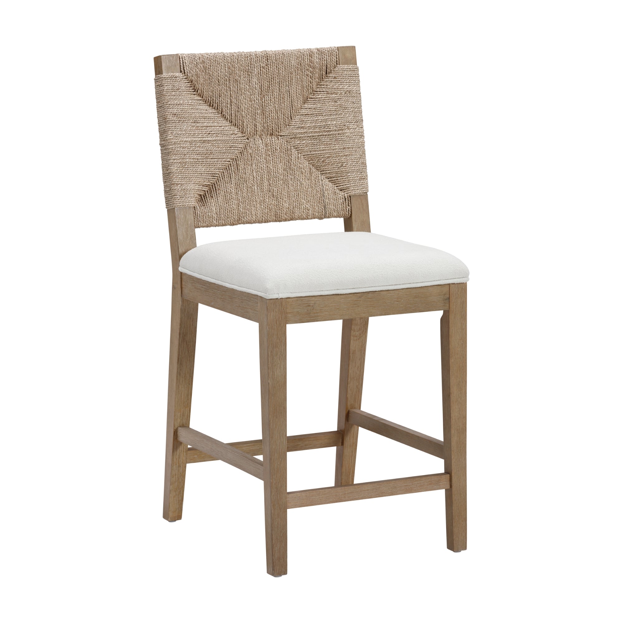 The Nathan James Test-Beacon Counter Stool-Single-White is a wooden, counter-height chair with a geometric woven rope backrest, cushioned white fabric seat, natural wood-finished legs, and a convenient footrest bar.