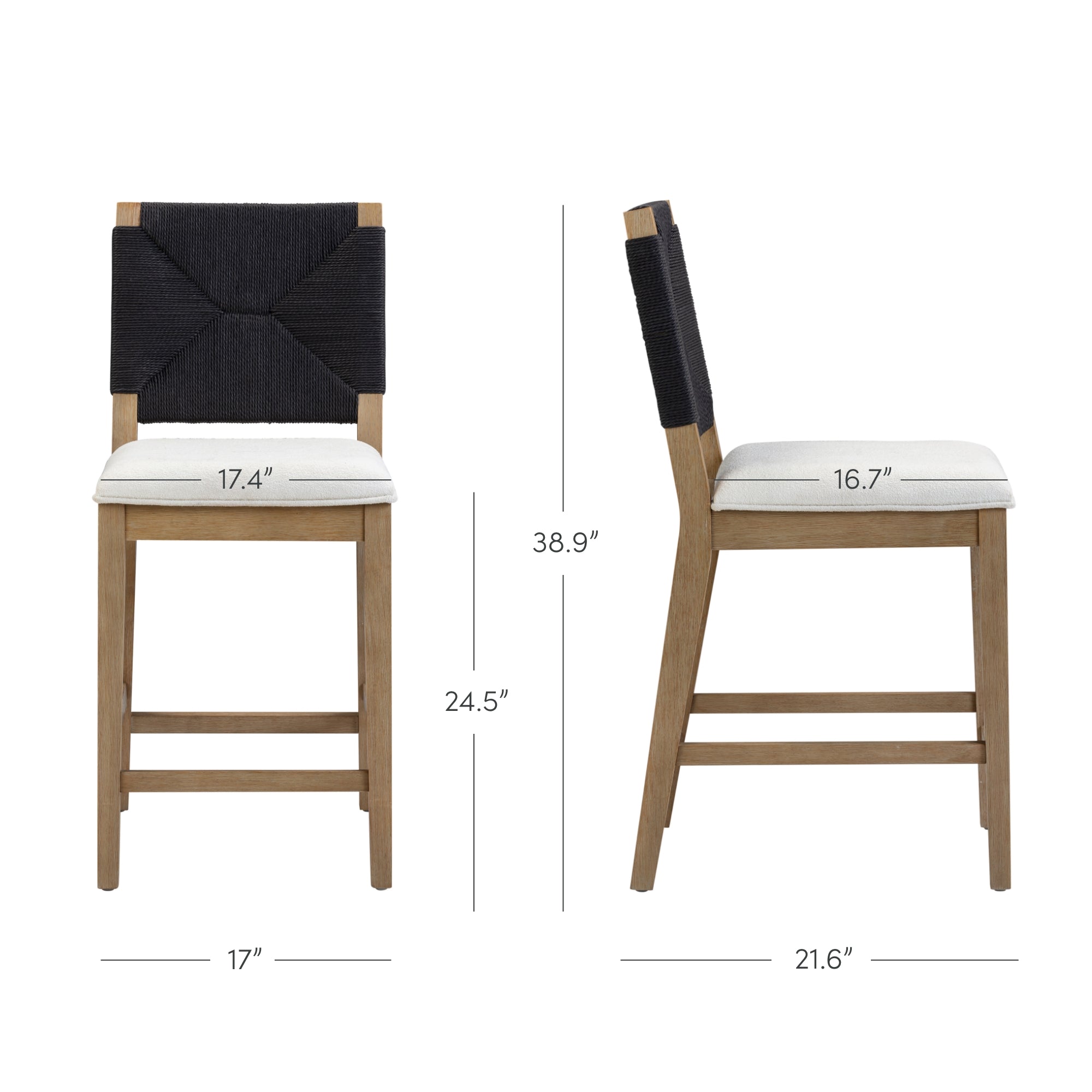 Front and side views of the Nathan James Test-Beacon Counter Stool (Set of 2, Black), highlighting its modern wooden frame, cushioned seat, dark fabric backrest, and labeled dimensions for seat, height, width, and depth.