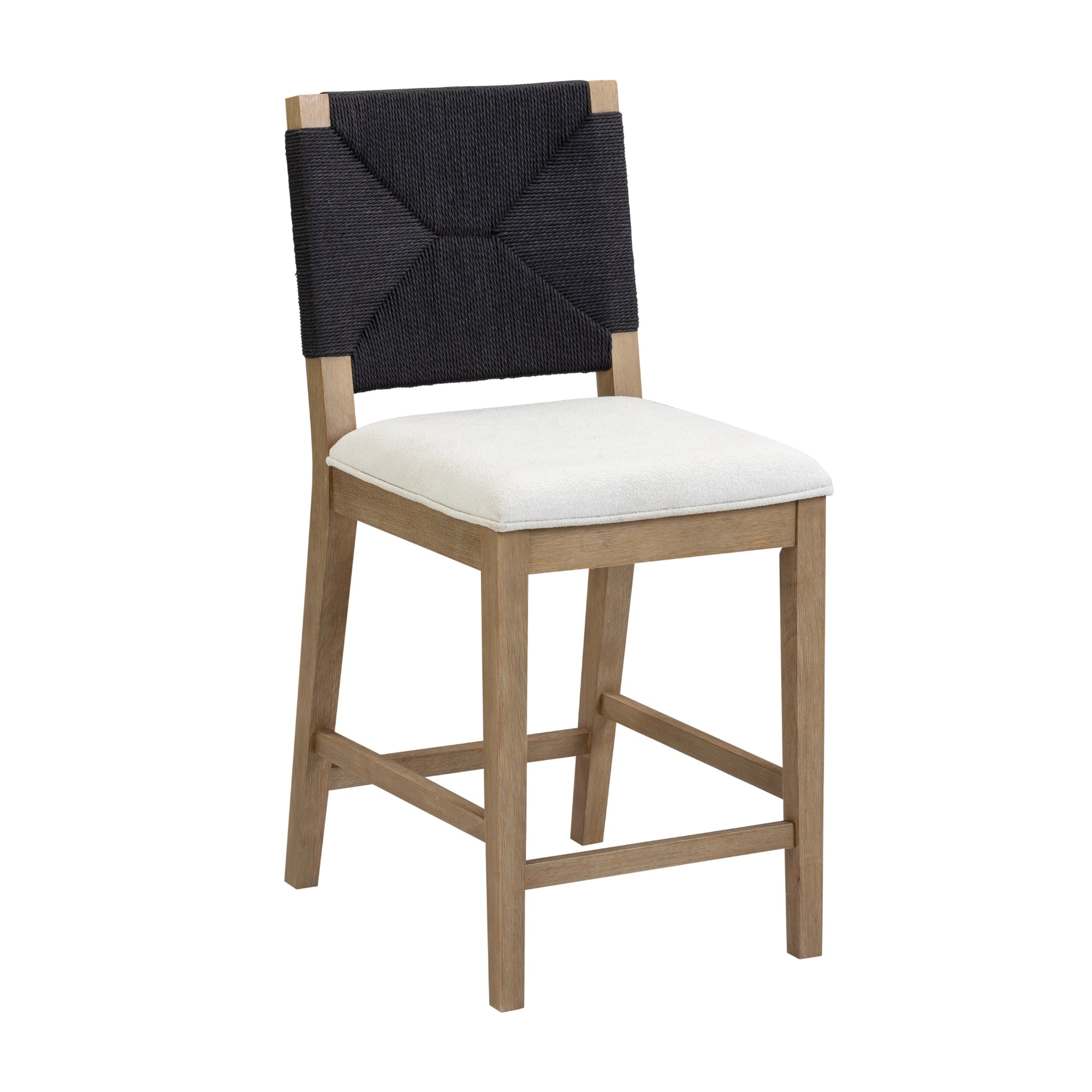 The Nathan James Test-Beacon Bar Stool-Single-Black features a wooden frame, white cushioned seat, and black woven backrest, displayed against a plain white background.