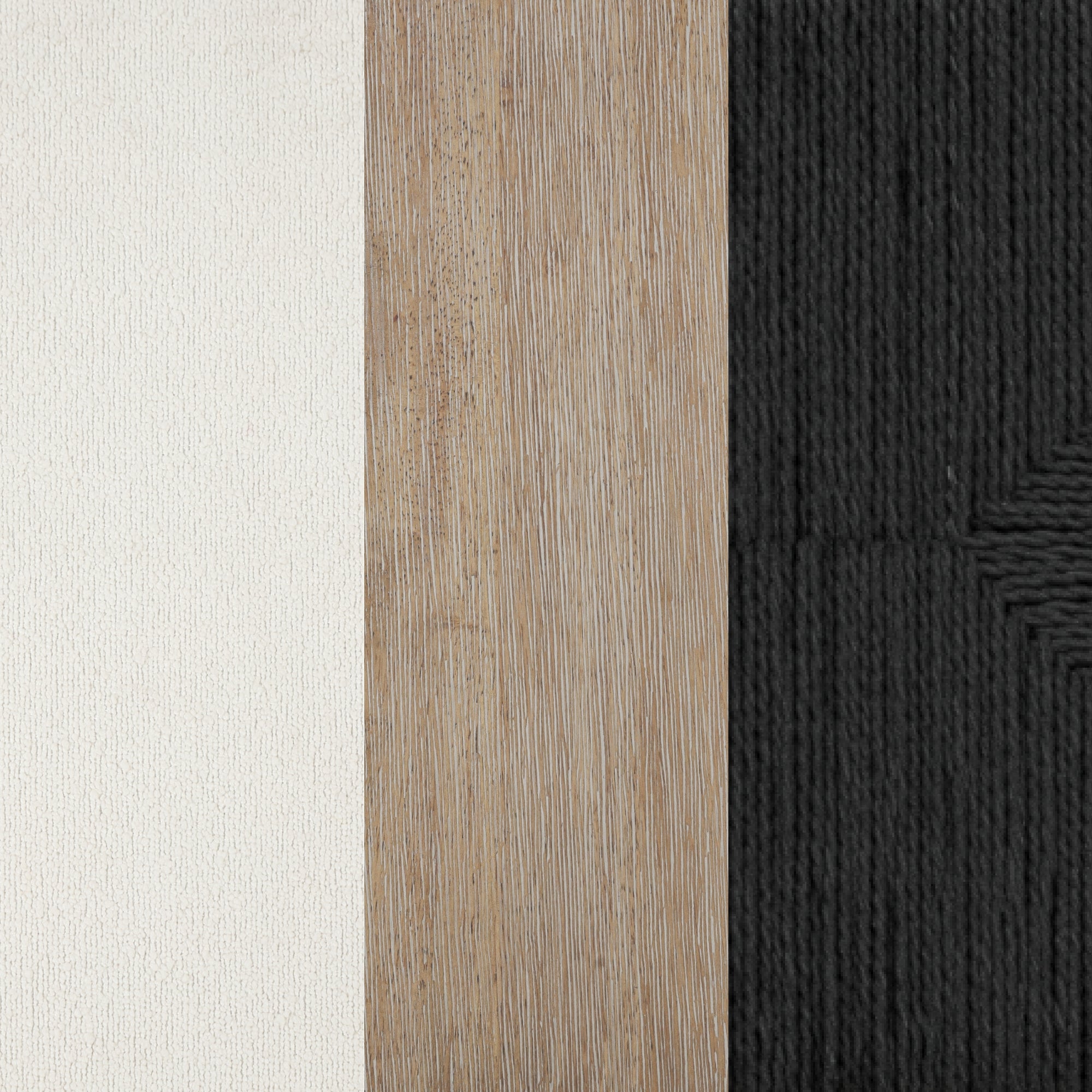 Three vertical textured panels: off-white on the left, light wood grain in the center, and dark black with subtle patterns on the right.