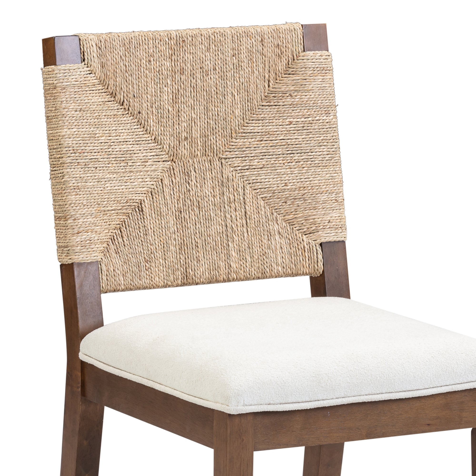 Wooden chair with a woven, natural fiber backrest in a geometric pattern and a cushioned white seat. The chair has a simple, modern design and is viewed from a slight angle.