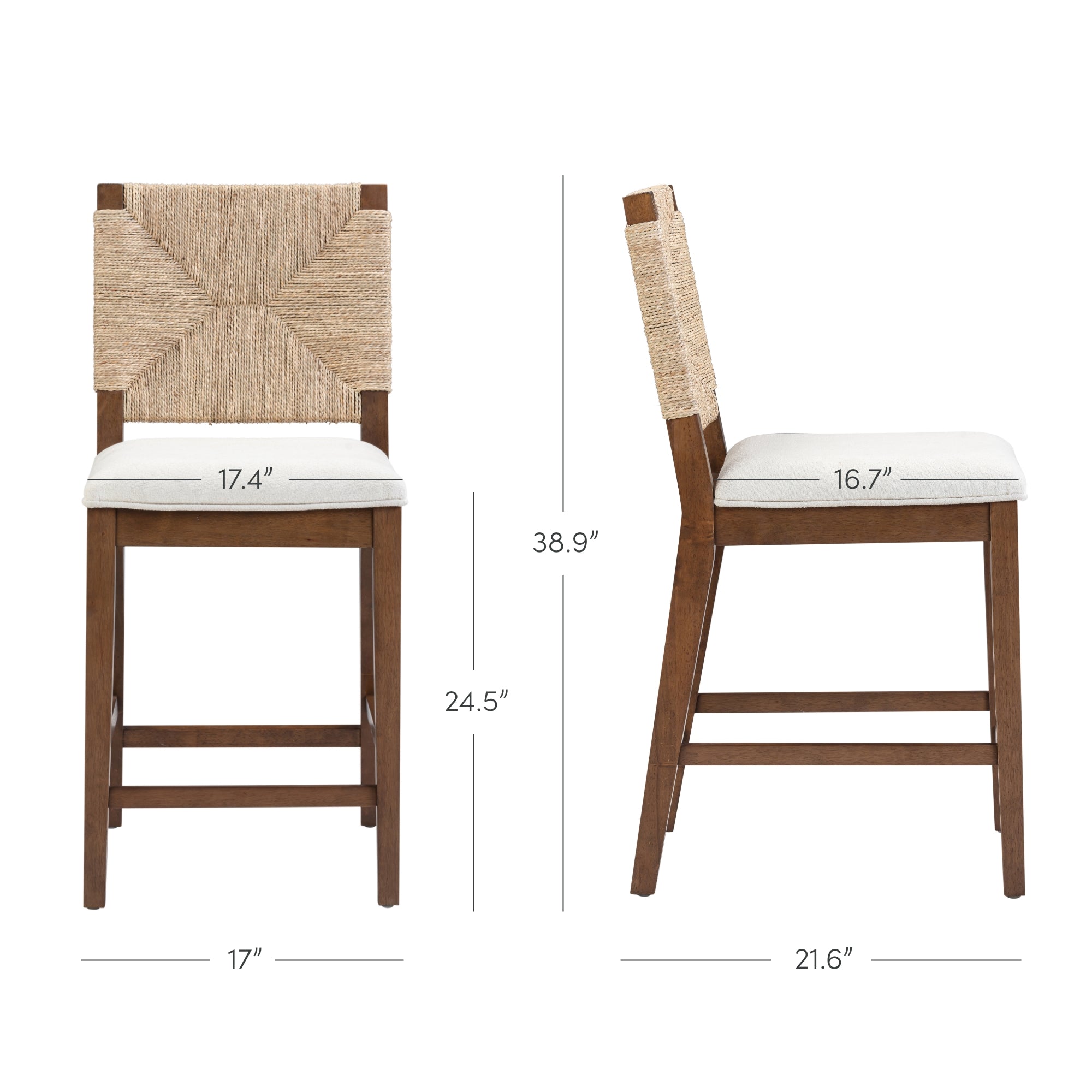 Front and side views of a wooden bar stool with a woven backrest and cushioned seat, showing dimensions: 38.9 height, 24.5 seat height, 17.4 back width, 17 seat width, 16.7 seat depth, 21.6 chair depth.