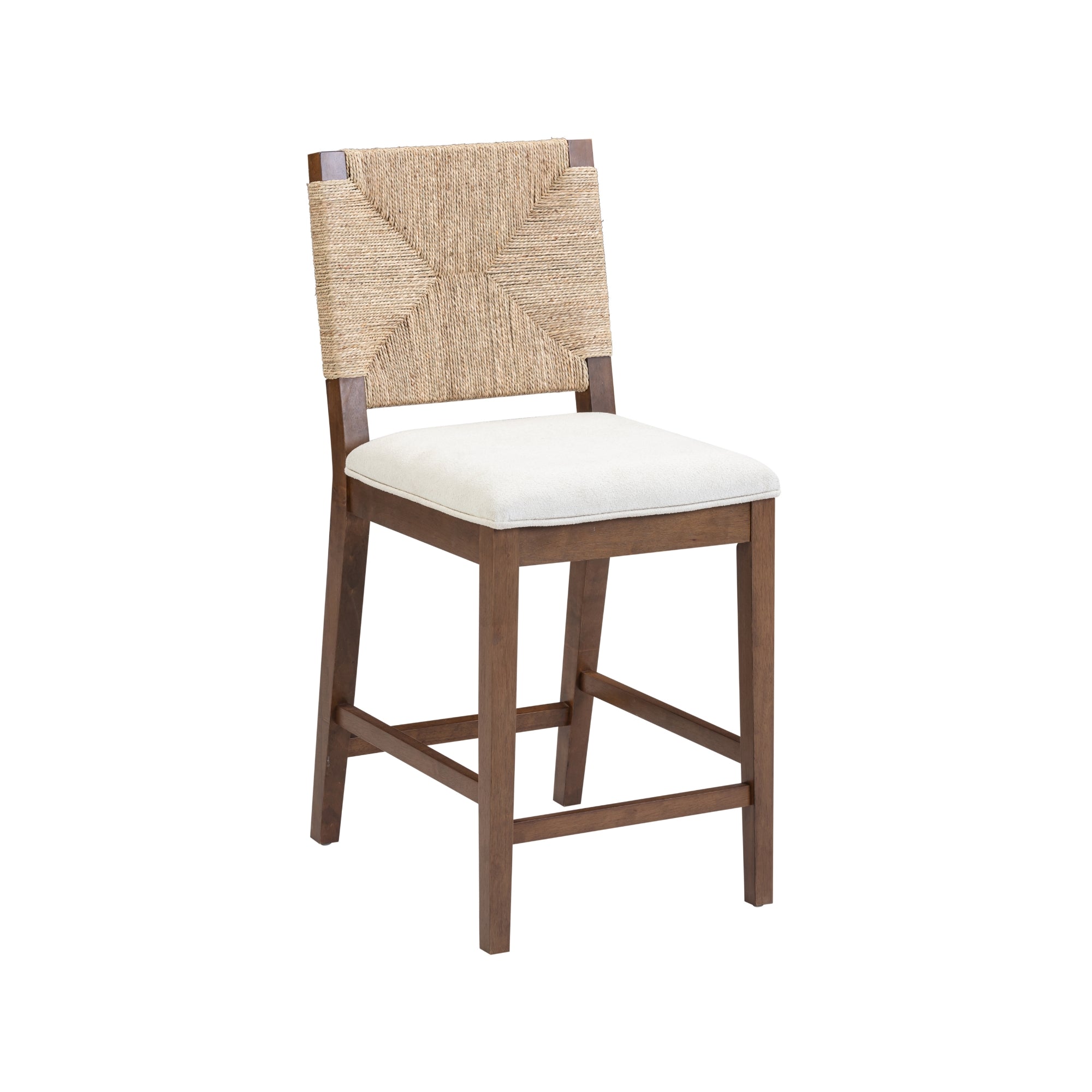 A wooden bar stool with a beige cushioned seat and a woven rattan backrest, featuring a medium brown finish and a simple, sturdy design.