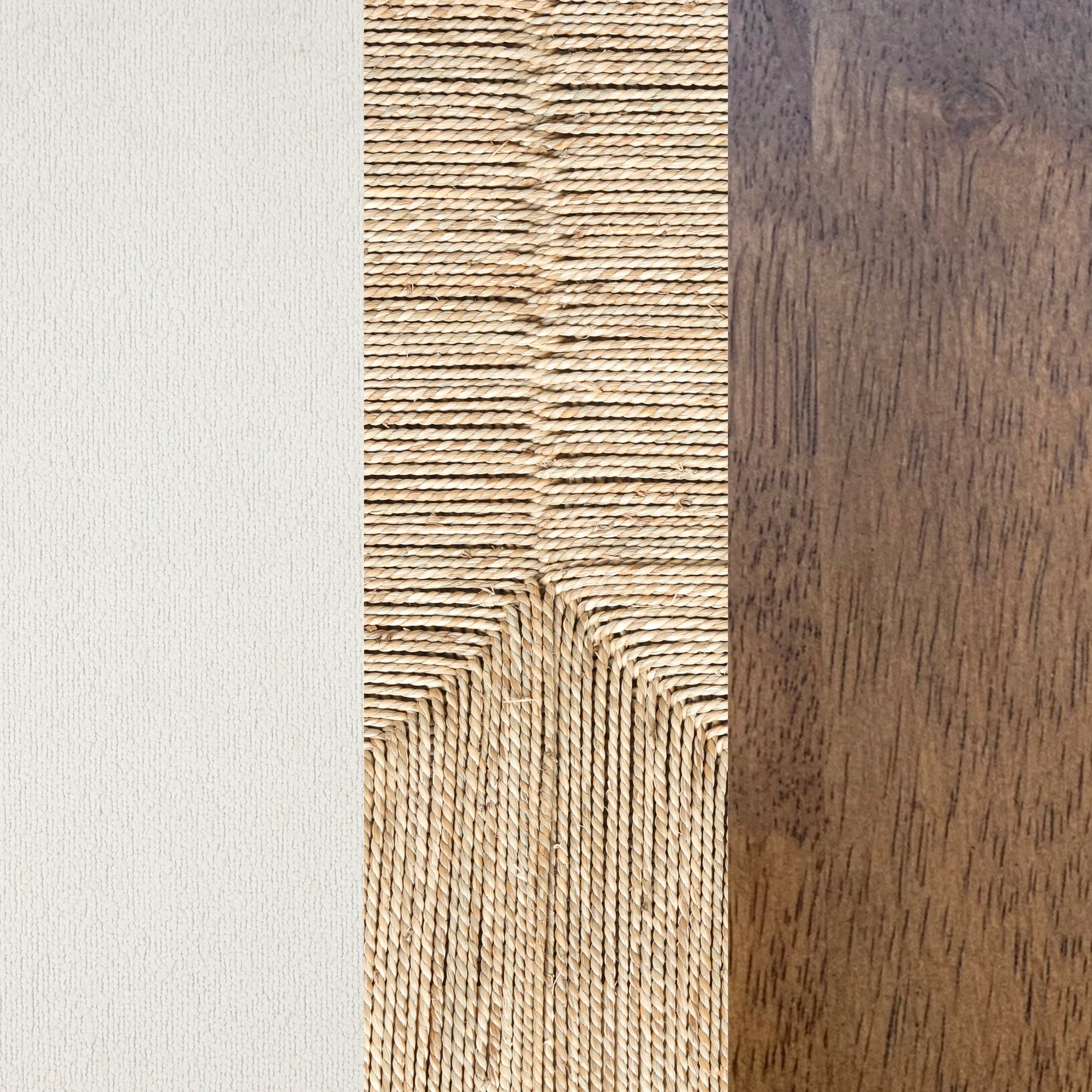 Three vertical panels show different textures: smooth off-white fabric on the left, woven beige straw in the center, and dark brown wood grain on the right.