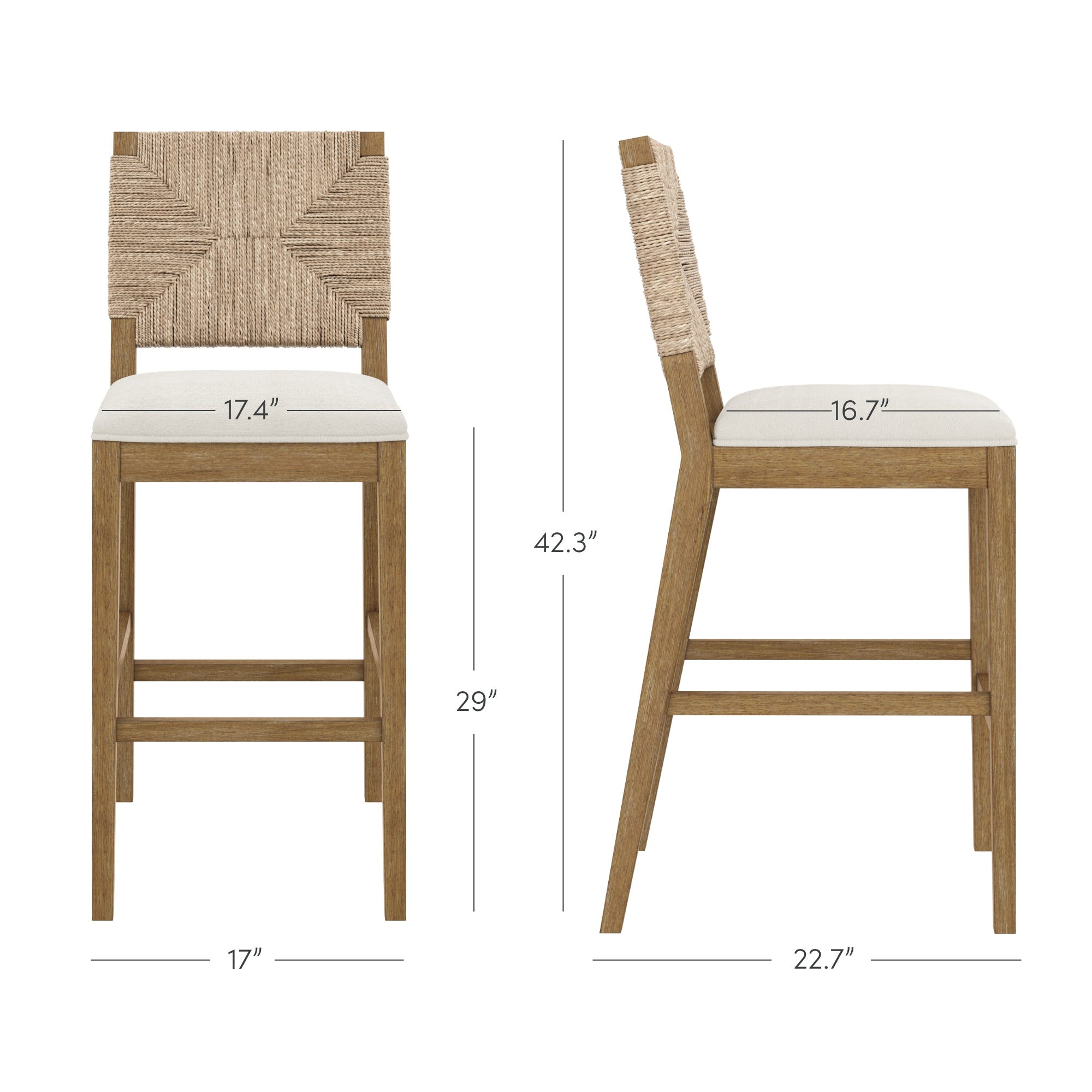 Two views of a wooden bar stool with a woven backrest and cushioned seat. Dimensions are shown: front width 17.4, seat height 29, overall height 42.3, seat depth 16.7, and total depth 22.7.