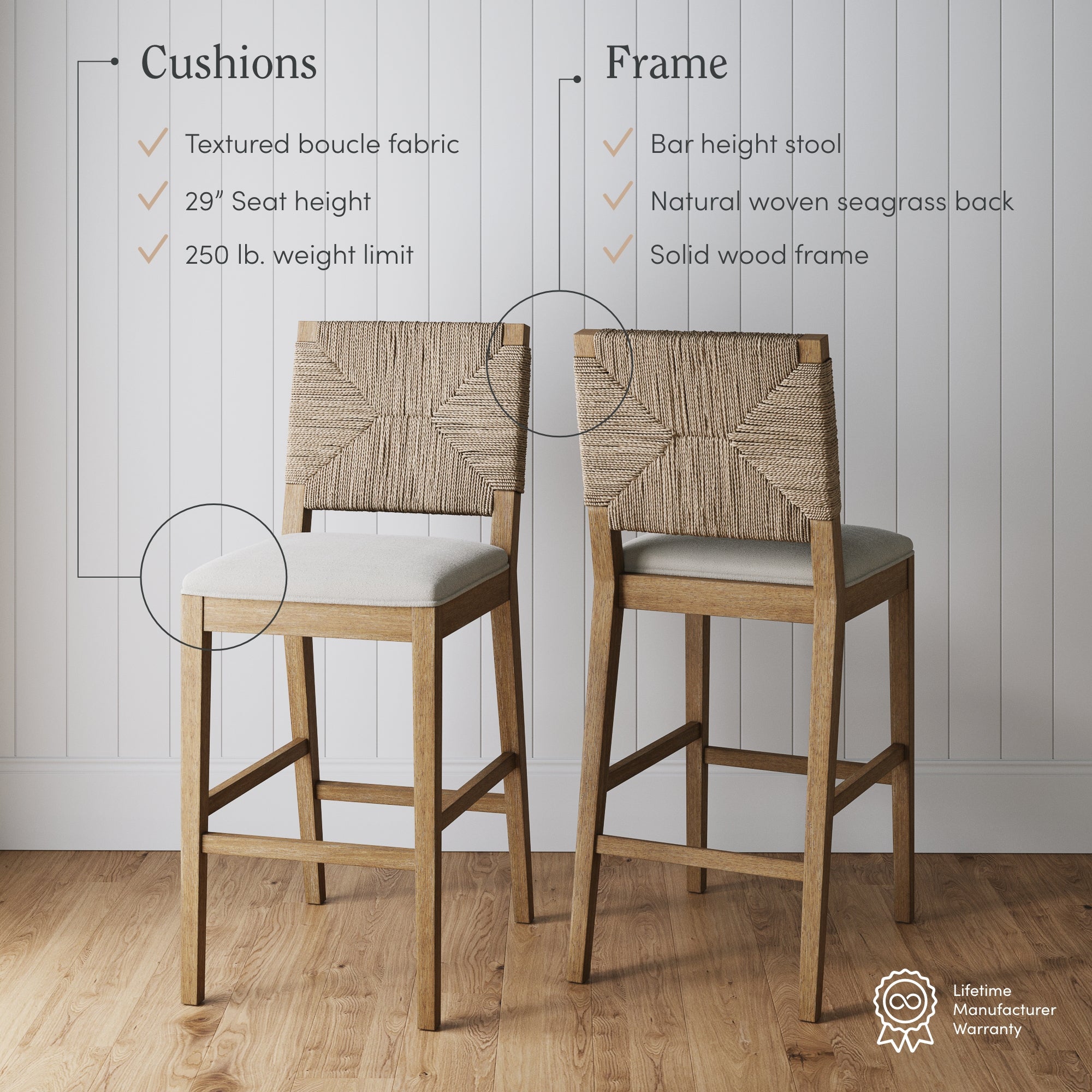Two bar stools with textured boucle fabric cushions and woven seagrass backrests on solid wood frames are placed on a wooden floor in front of a white paneled wall. Text highlights their features and warranty.