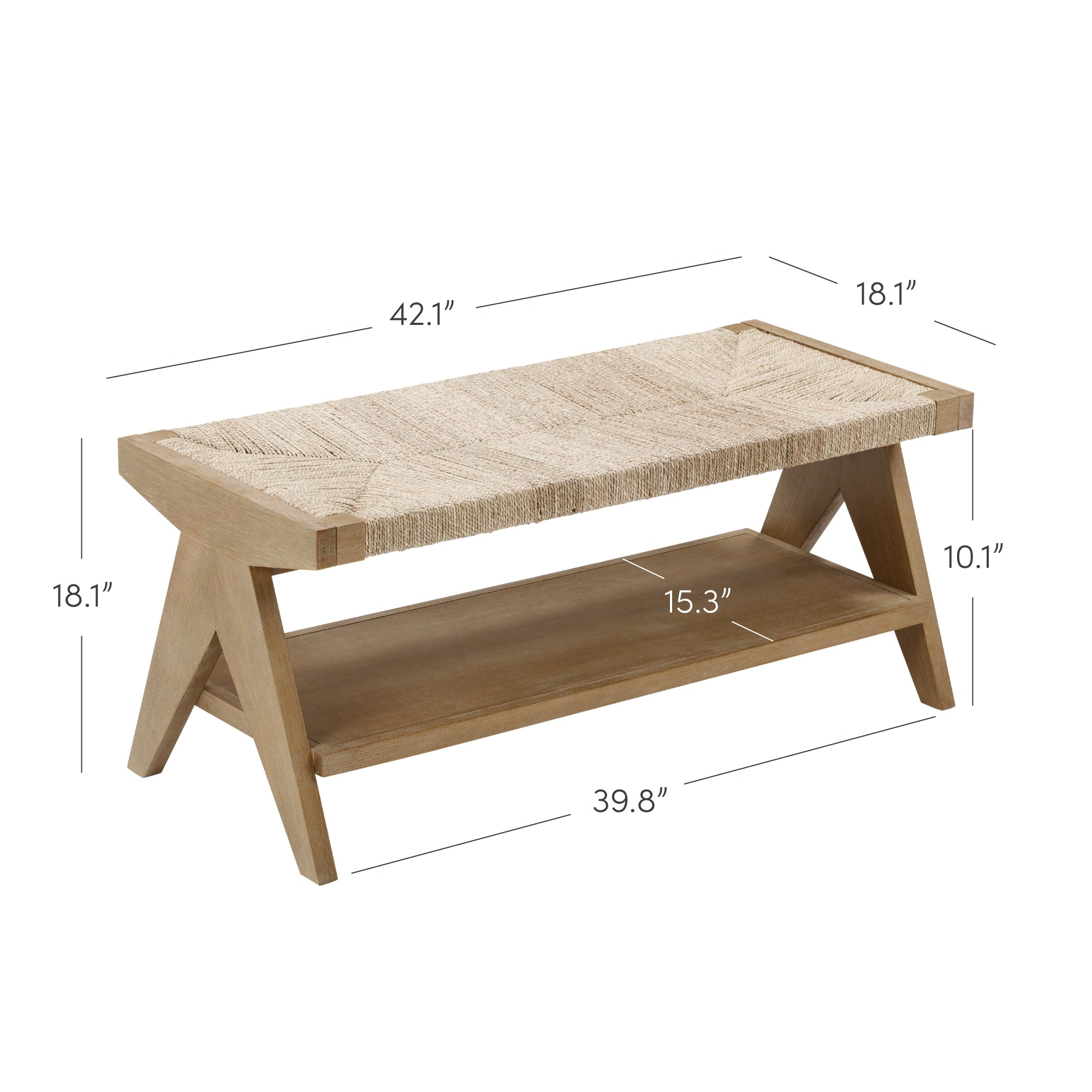 A wooden bench with a woven top, angled legs, and a lower shelf. The bench measures 42.1 long, 18.1 deep, and 18.1 high; the shelf is 39.8 wide and 15.3 deep, and 10.1 from the seat above.
