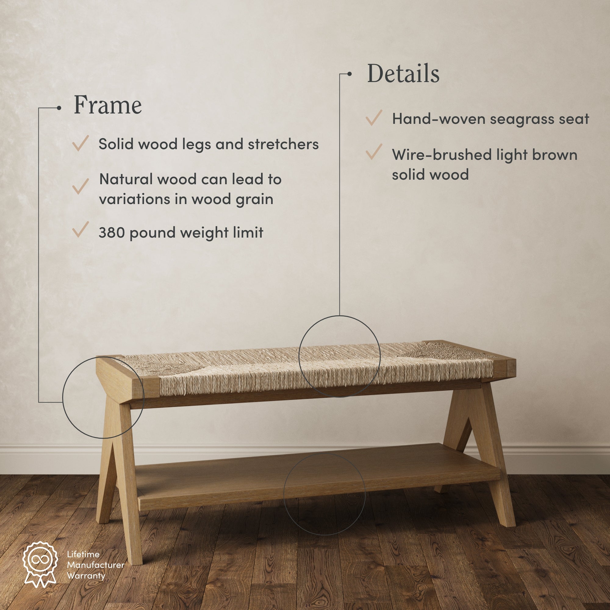 A wooden bench with a hand-woven seagrass seat and a lower shelf, placed against a light-colored wall. Text highlights its solid wood frame, 380-pound weight limit, and wire-brushed finish.