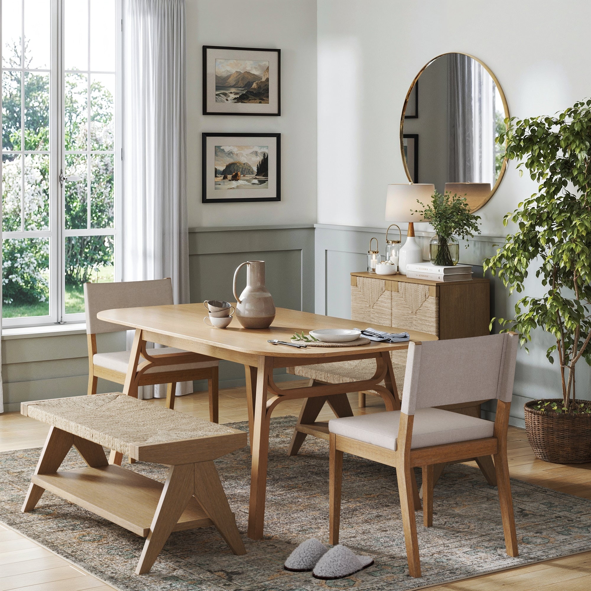 A bright dining room features a solid wood table, chairs, and a Nathan James Wood & Seagrass Entryway Bench with Shelf on a patterned rug. Sunlight pours through large windows, highlighting a potted plant, sideboard, round mirror, and framed art on light walls.
