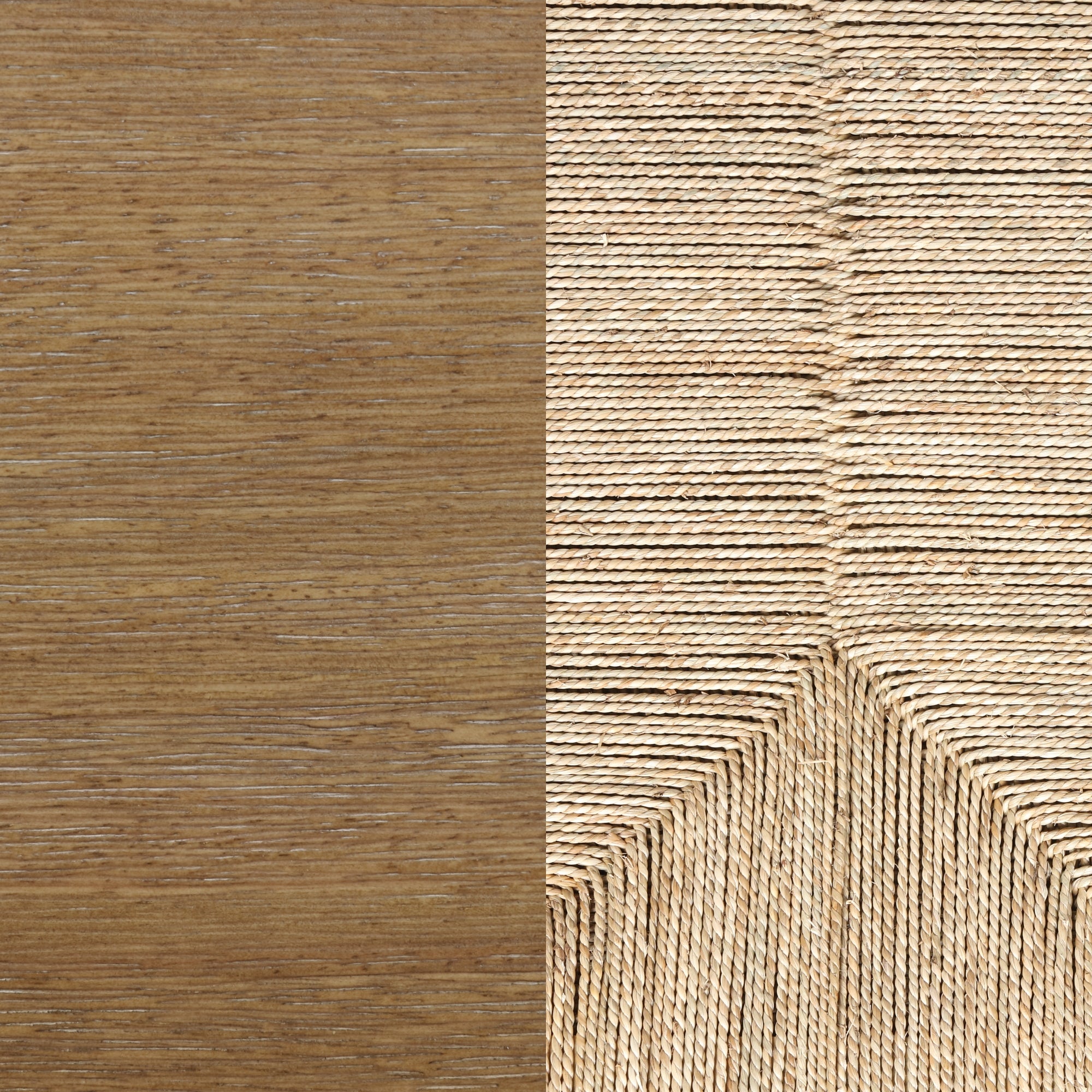 A split image shows smooth, light brown wood on the left and tightly wound, textured beige rope creating geometric patterns on the right.