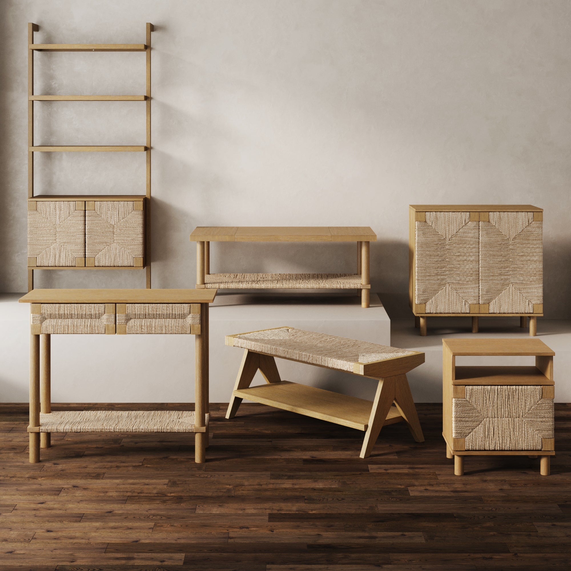 A collection of light wood and woven rattan furniture, including cabinets, a bench, a side table, a console table, and a wall shelf, arranged against a neutral wall on a wooden floor.