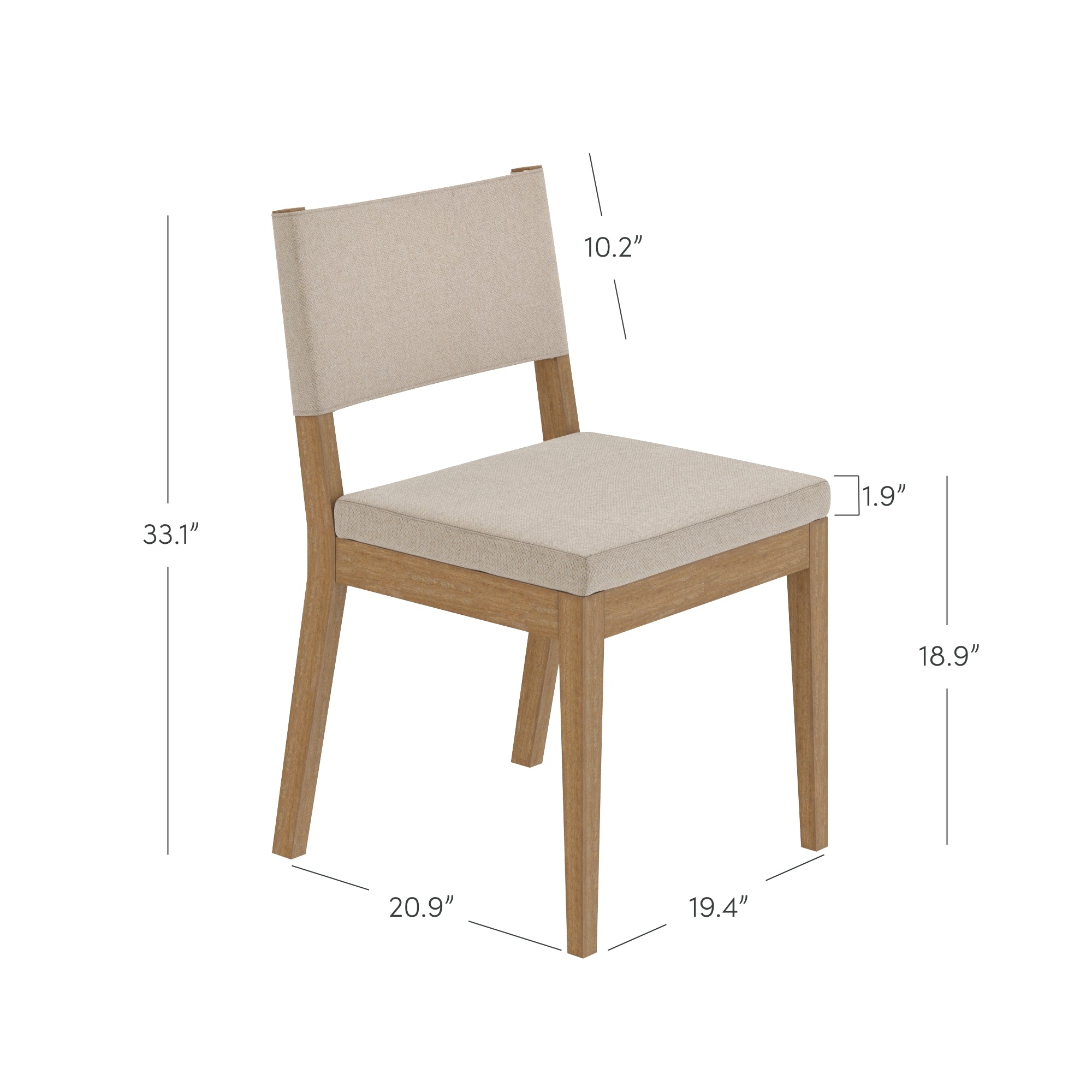 A beige cushioned wooden chair with measurements: height 33.1, seat height 18.9, backrest height 10.2, seat depth 20.9, seat width 19.4, and cushion thickness 1.9.