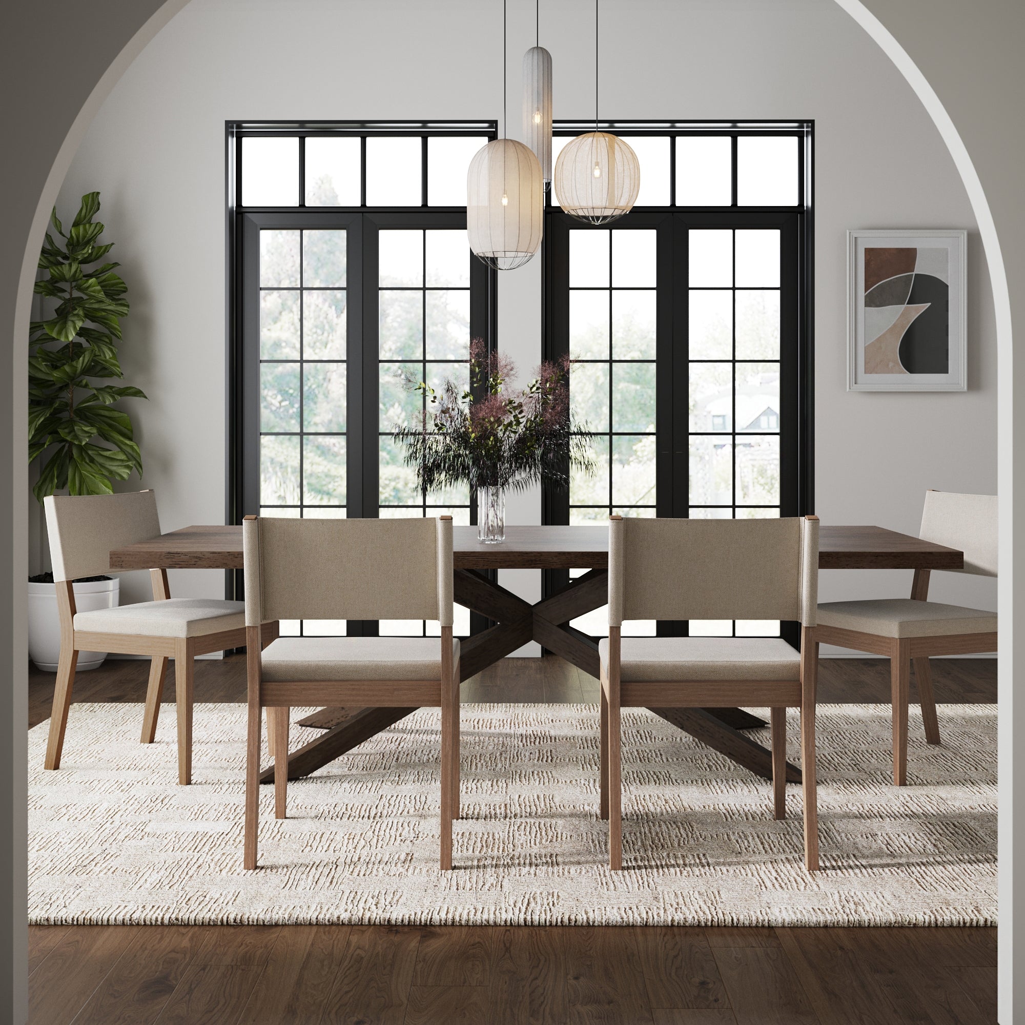 A modern dining room features a wooden table, six Nathan James Wood Upholstered Dining Chairs in light brown, a textured rug, pendant lights, black-framed windows, a corner plant, abstract wall art, and a vase with flowers on the table.