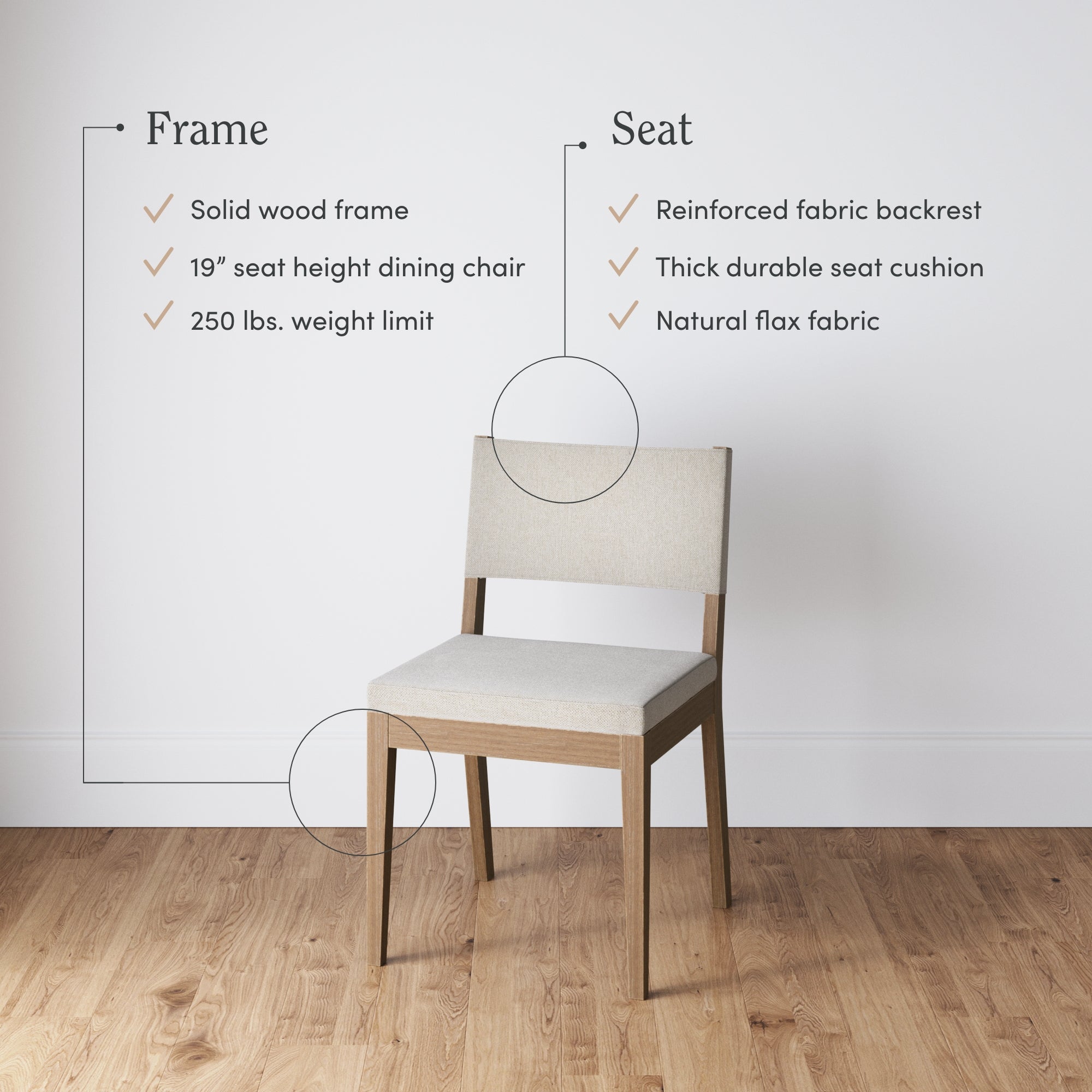 A modern dining chair with a light wood frame and beige fabric seat and backrest, shown against a white wall. Text highlights its solid wood frame, 19 seat height, 250 lbs weight limit, and durable flax fabric.
