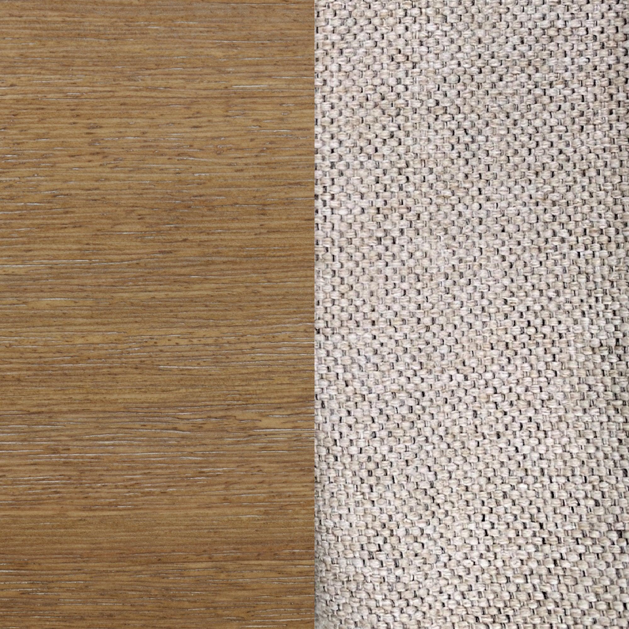 A close-up of two surfaces side by side: smooth light brown wood on the left and textured beige woven fabric on the right.