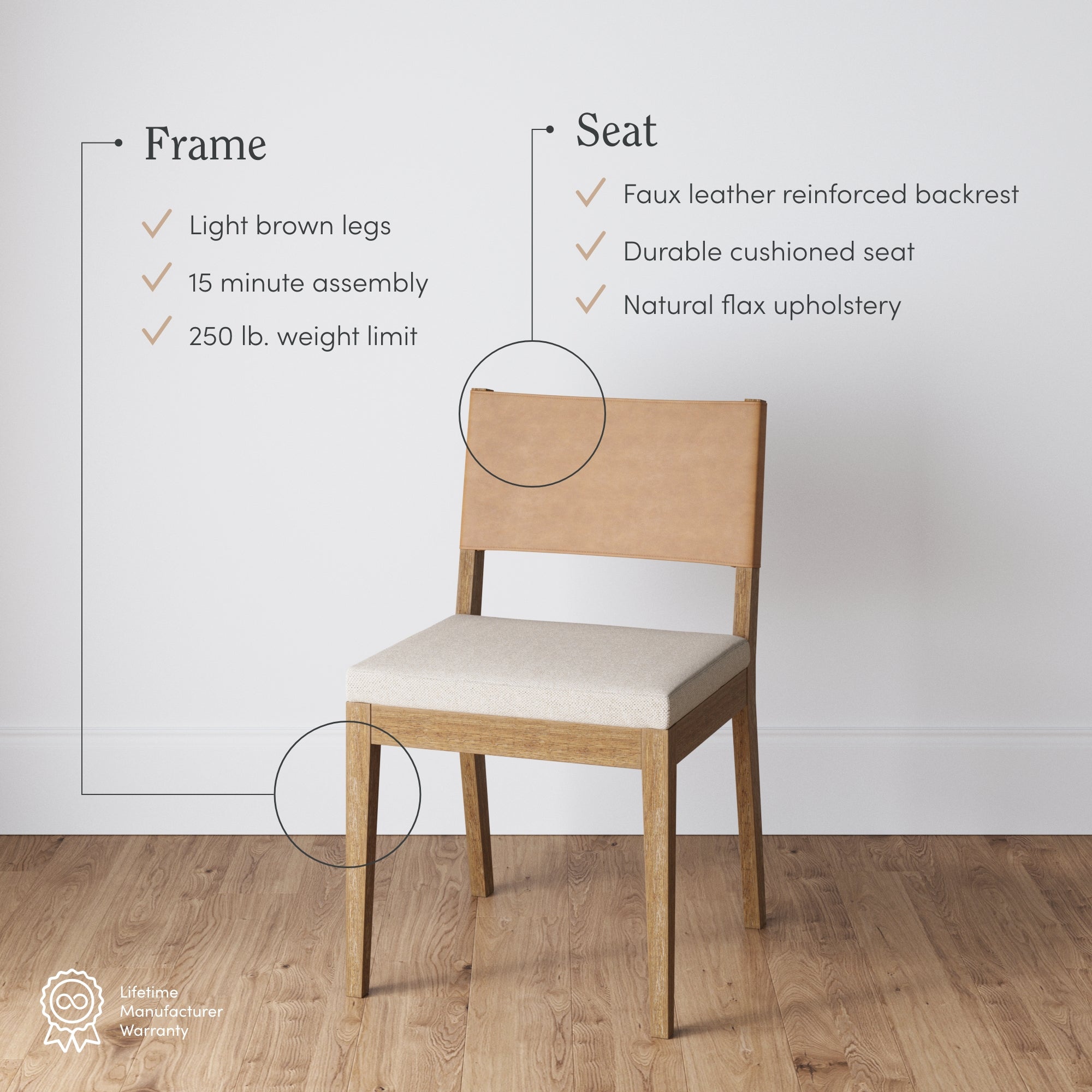 A wooden chair with light brown legs and a beige cushioned seat is displayed against a white wall and wooden floor. Text highlights features of the chair’s frame and seat, including materials, assembly time, and weight limit.