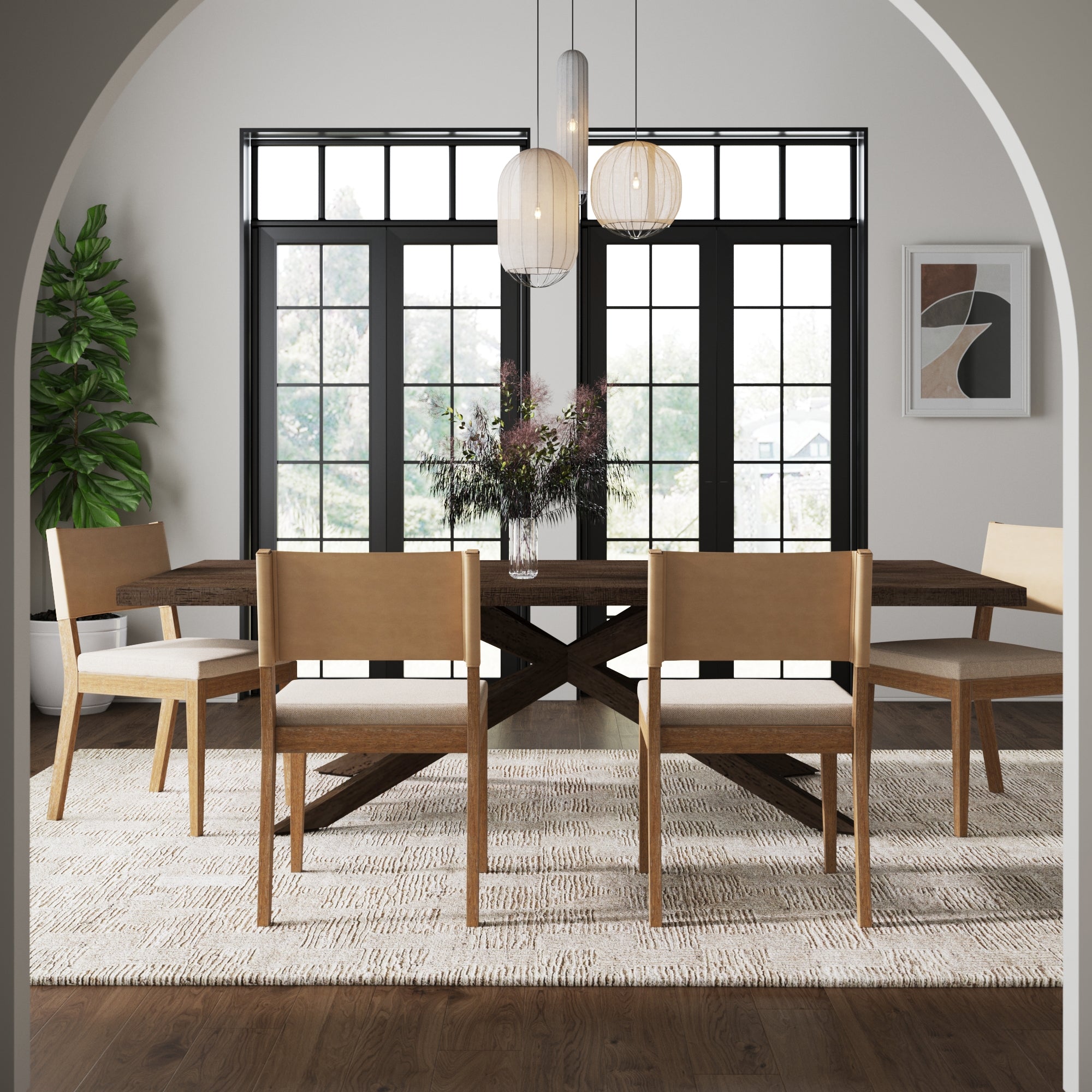 A modern dining room featuring a dark wooden table, six Nathan James Wood & Faux Leather Dining Chairs in light brown, a beige rug, large windows, pendant lights, a potted plant, abstract wall art, and a flower vase on the table.