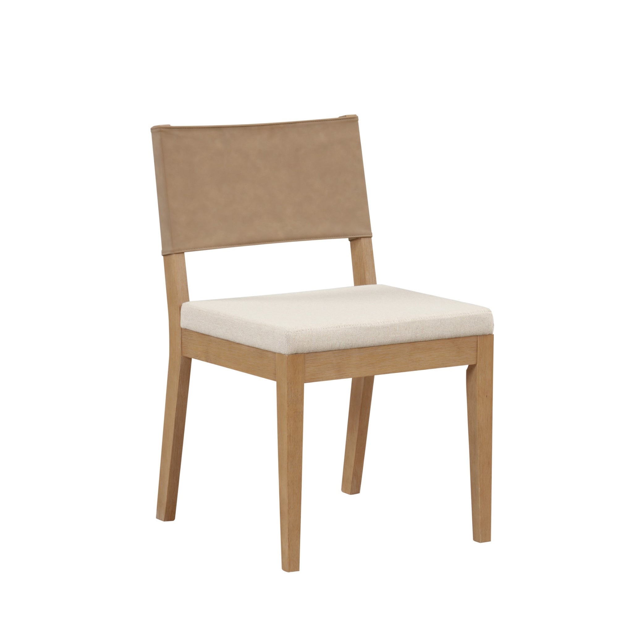 A wooden chair with straight legs, a light beige cushioned seat, and a tan upholstered backrest. The design is simple and modern.
